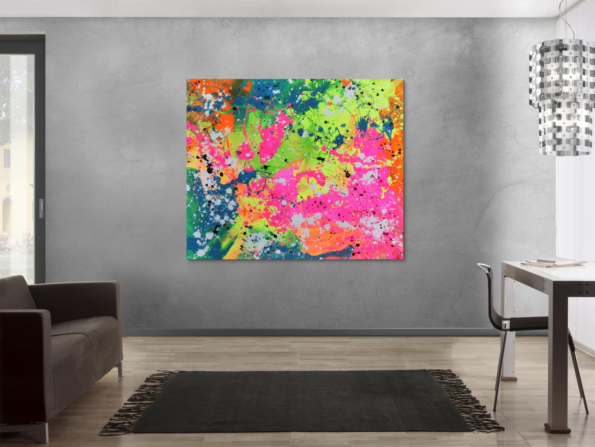 Abstraktes Acrylbild sehr modern in neon Farben Action Painting Splash Art fluoreszierende Farben