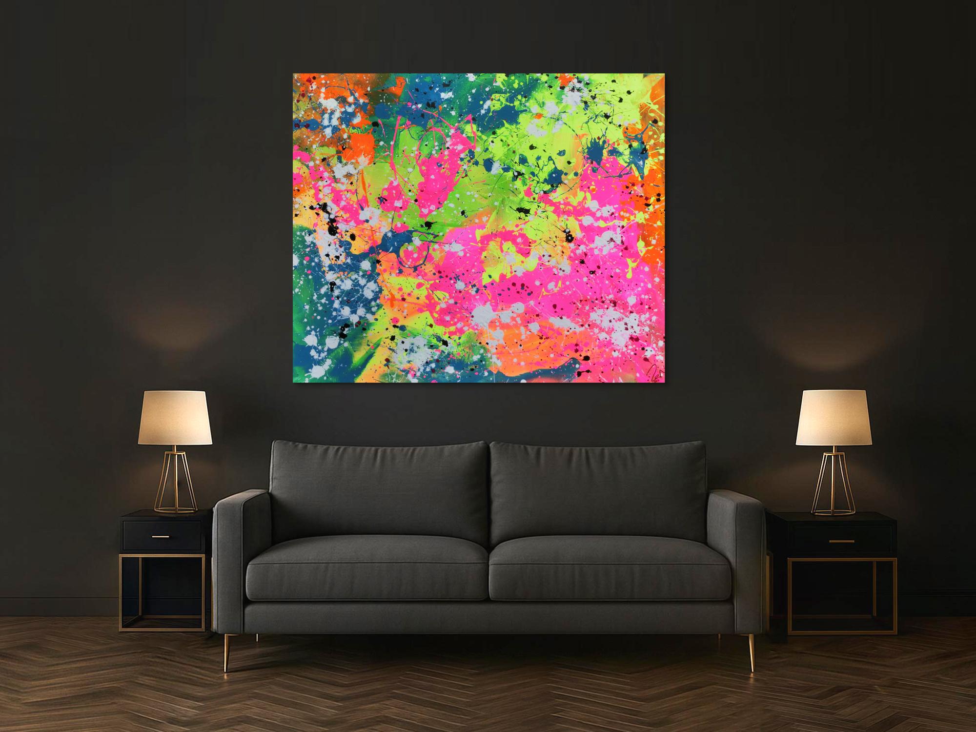 Abstraktes Acrylbild sehr modern in neon Farben Action Painting Splash Art fluoreszierende Farben