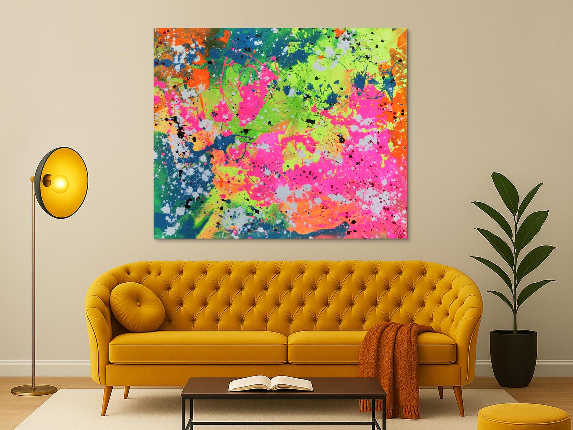 Abstraktes Acrylbild sehr modern in neon Farben Action Painting Splash Art fluoreszierende Farben