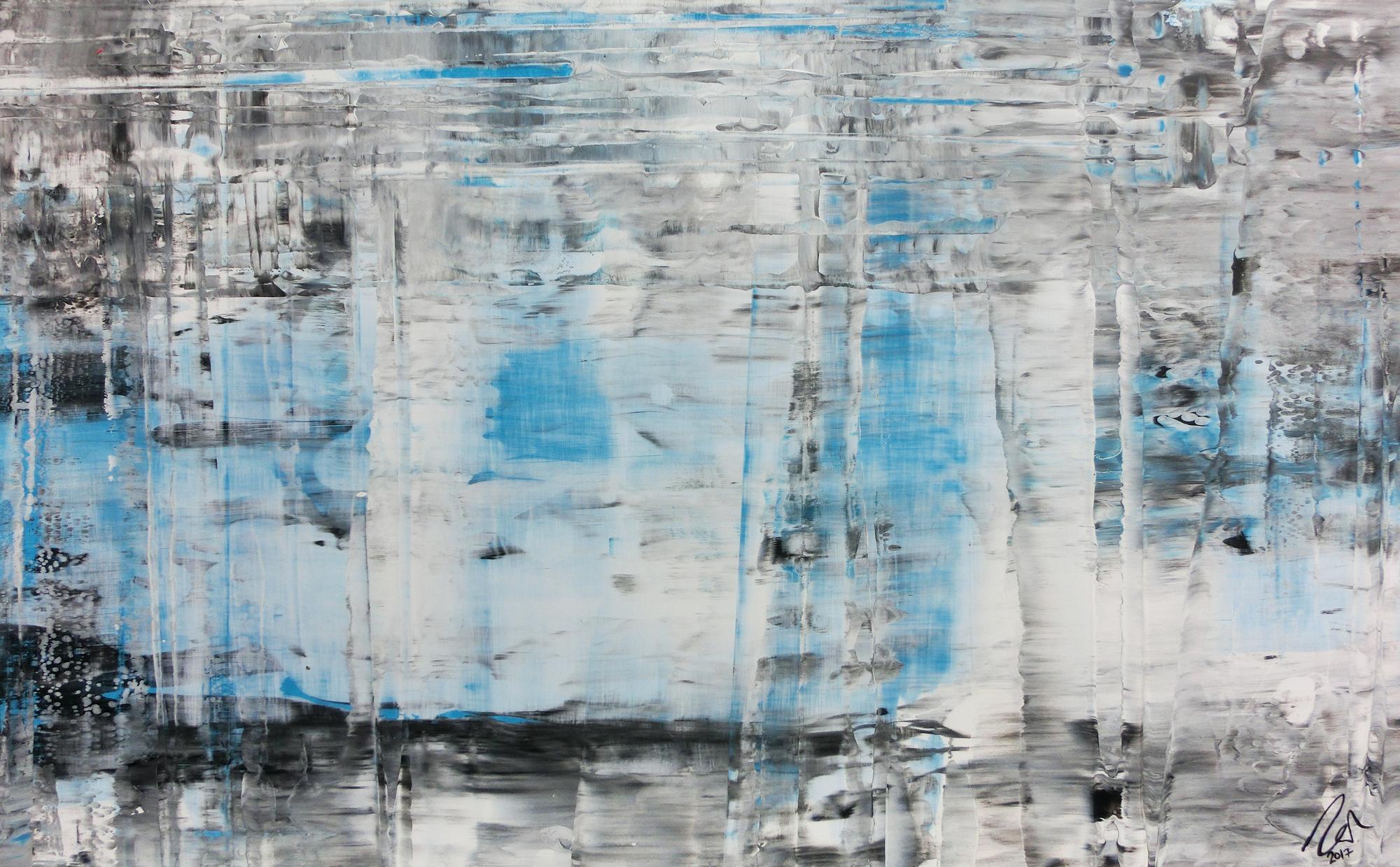 Modernes abstraktes Acrylbild in Spachteltechnik mit verschiedenen Grautönen viel weiß und türkis