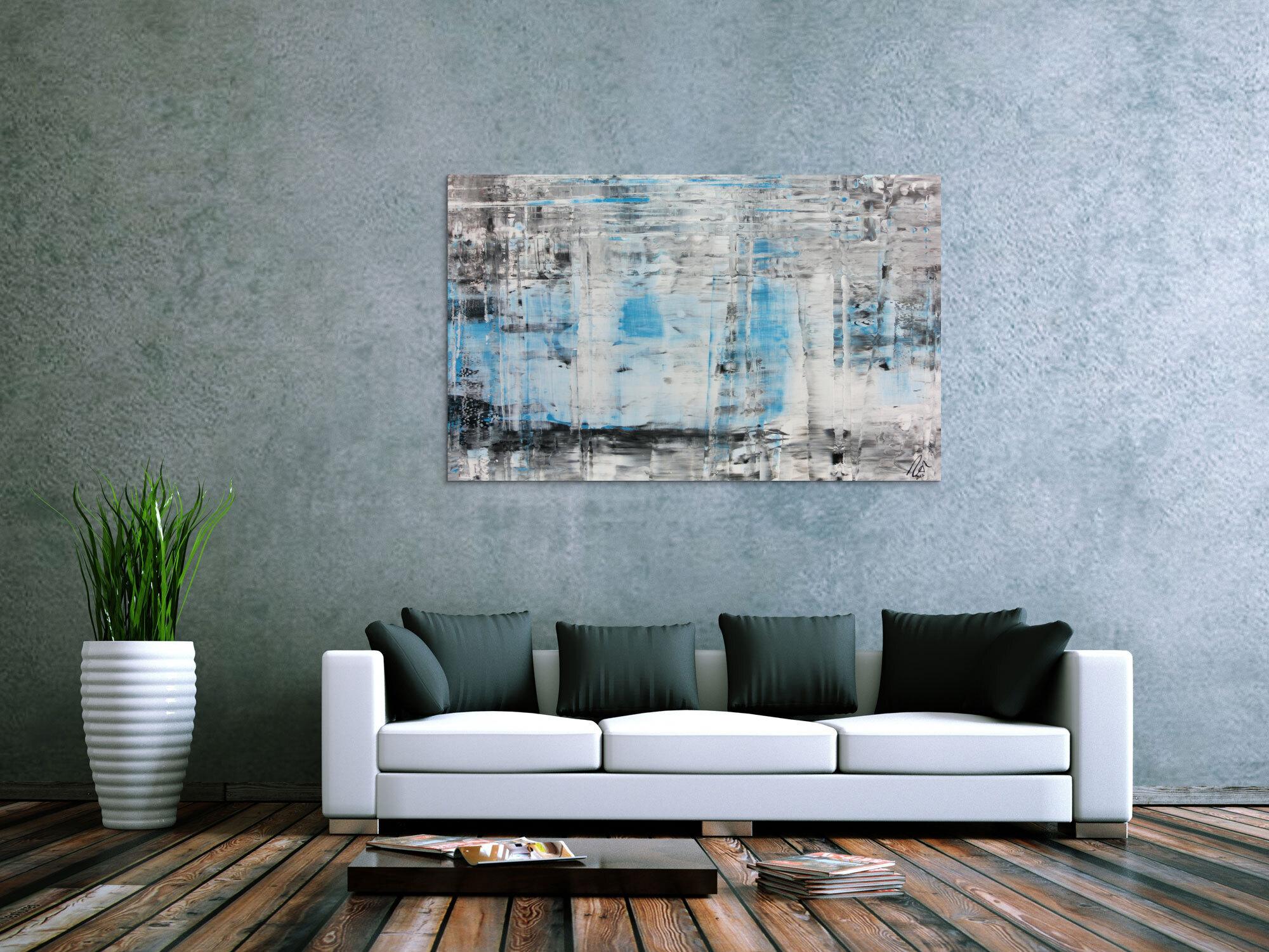Modernes abstraktes Acrylbild in Spachteltechnik mit verschiedenen Grautönen viel weiß und türkis