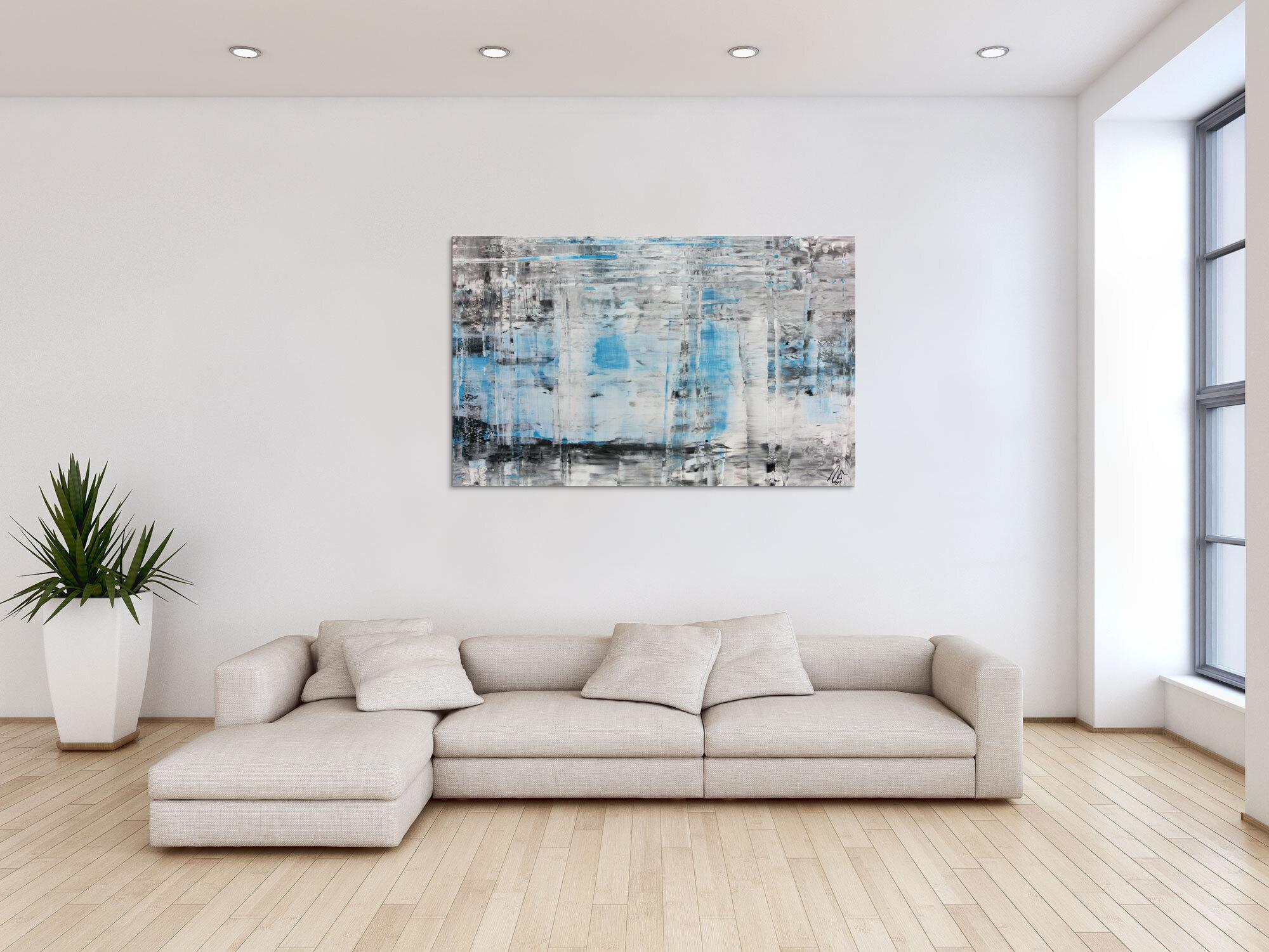 Modernes abstraktes Acrylbild in Spachteltechnik mit verschiedenen Grautönen viel weiß und türkis