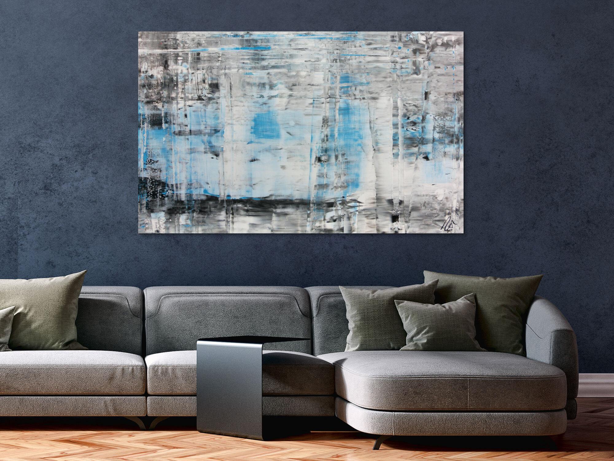 Modernes abstraktes Acrylbild in Spachteltechnik mit verschiedenen Grautönen viel weiß und türkis