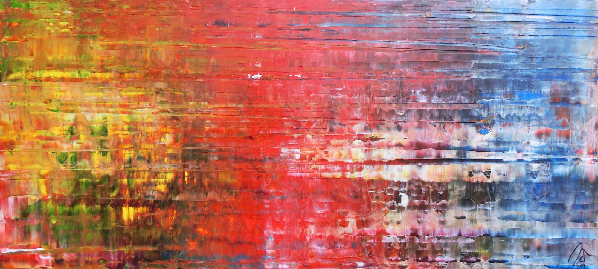 Abstraktes Acrylbild Spachteltechnik sehr modern in gelb rot blau und weiß