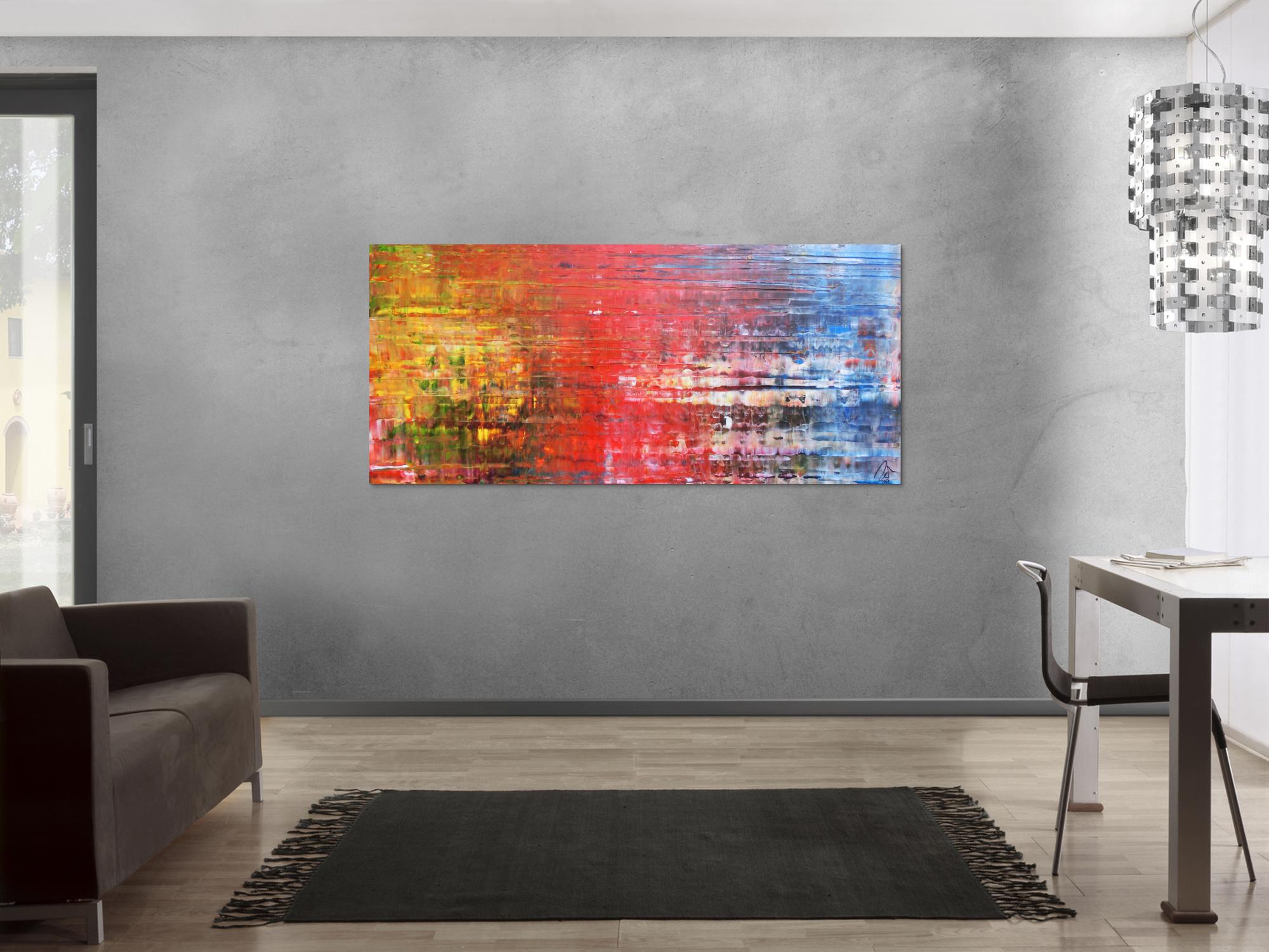 Abstraktes Acrylbild Spachteltechnik sehr modern in gelb rot blau und weiß