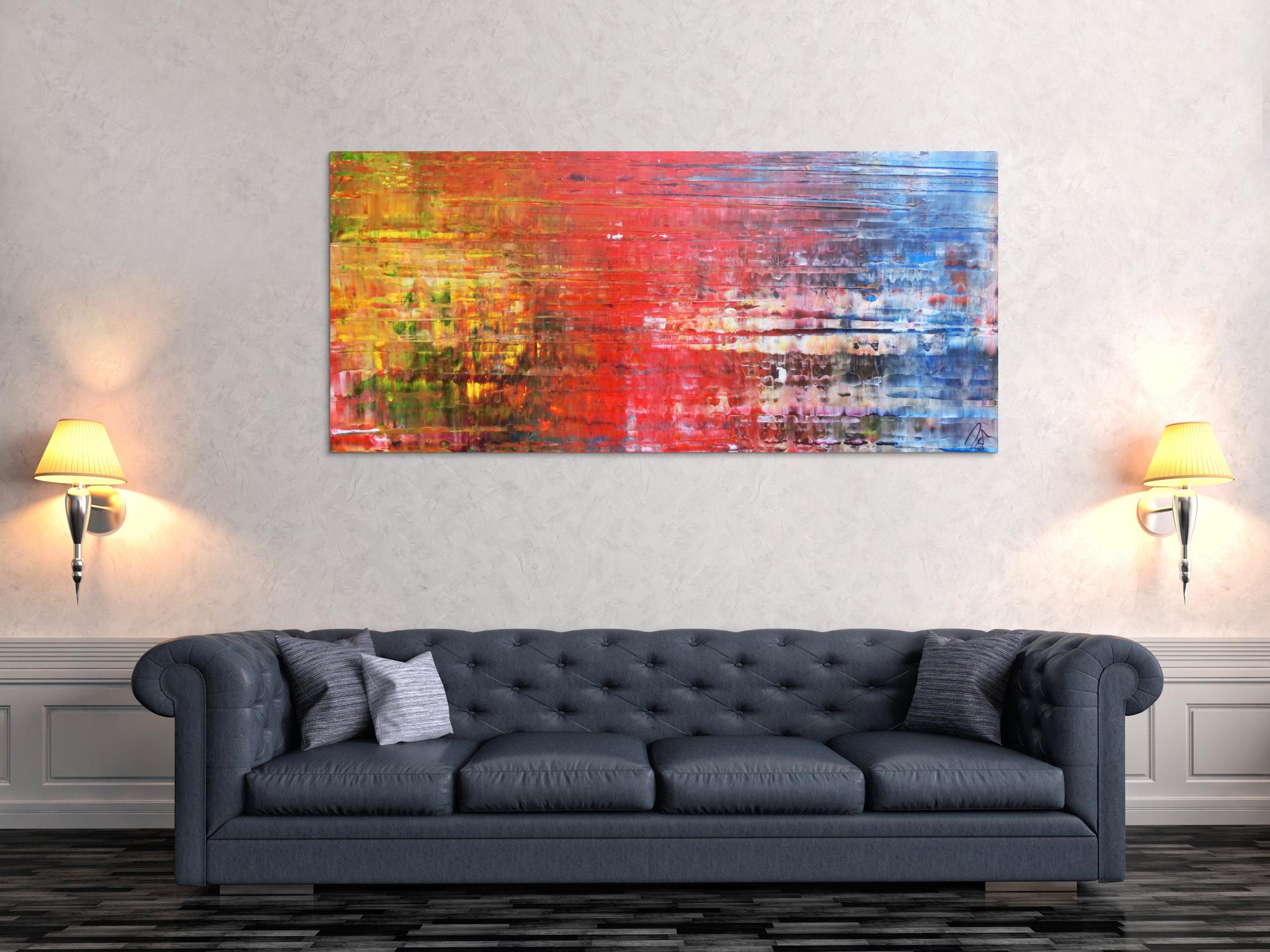 Abstraktes Acrylbild Spachteltechnik sehr modern in gelb rot blau und weiß