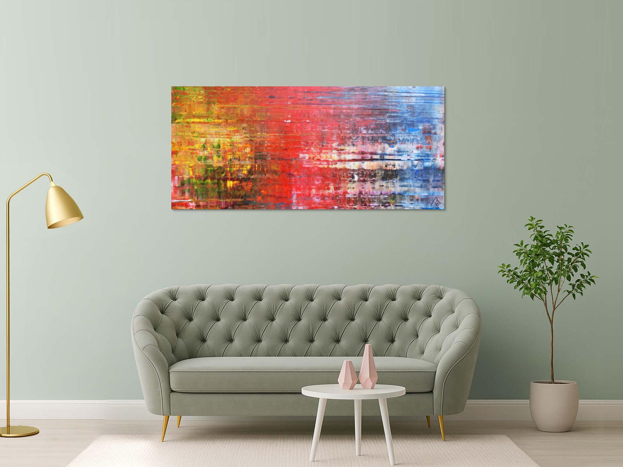 Abstraktes Acrylbild Spachteltechnik sehr modern in gelb rot blau und weiß