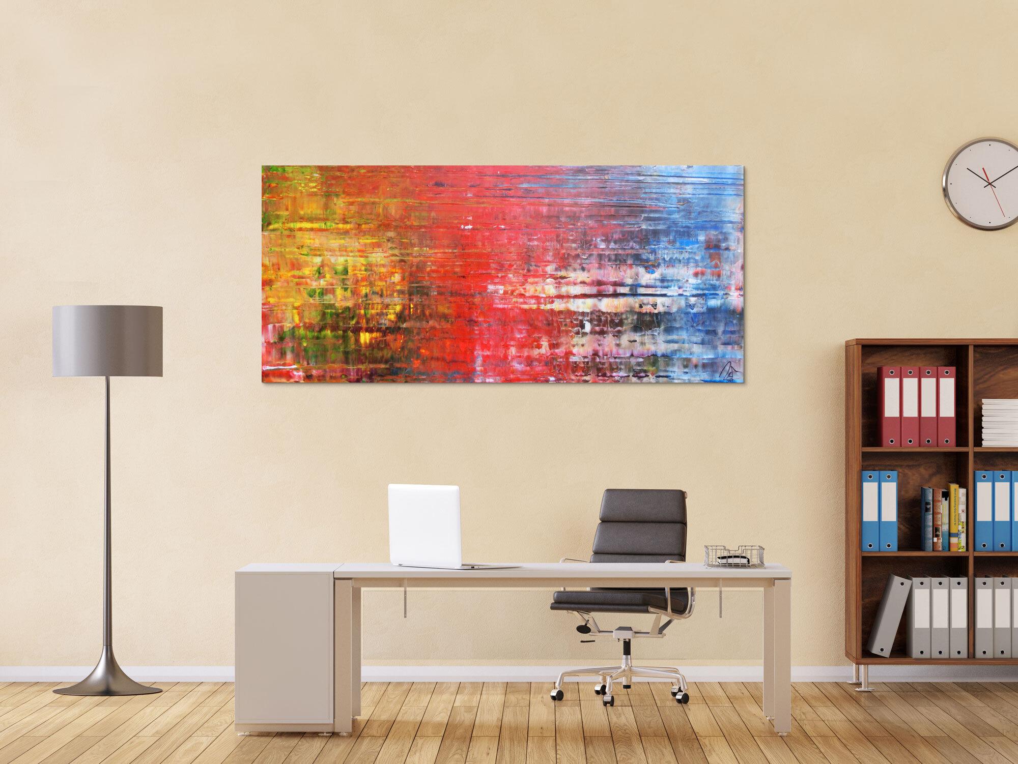 Abstraktes Acrylbild Spachteltechnik sehr modern in gelb rot blau und weiß