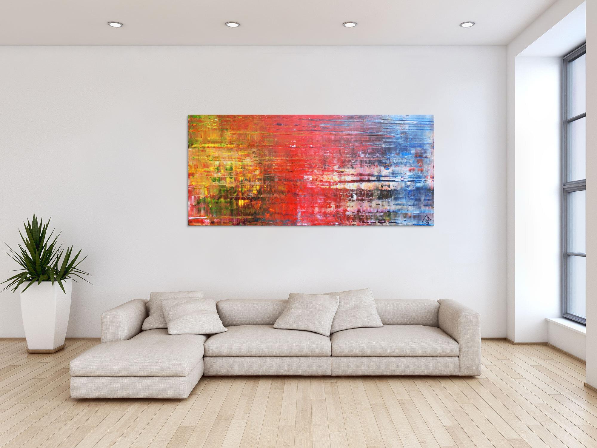 Abstraktes Acrylbild Spachteltechnik sehr modern in gelb rot blau und weiß