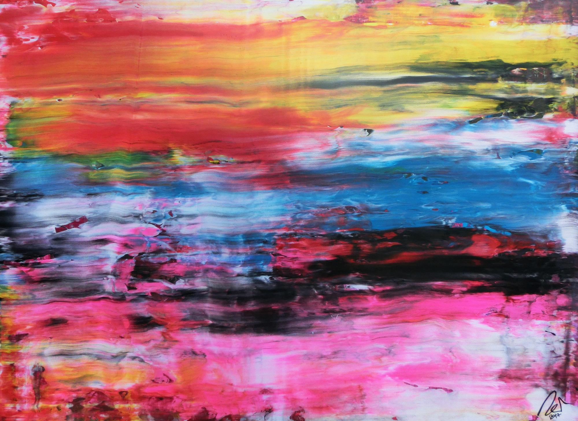 Abstraktes Acrylbild sehr bunt modern in Spachteltechnik helle leuchtende Farben