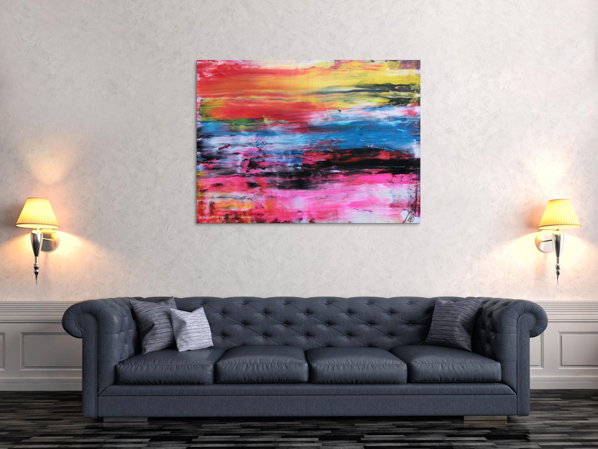 Abstraktes Acrylbild sehr bunt modern in Spachteltechnik helle leuchtende Farben