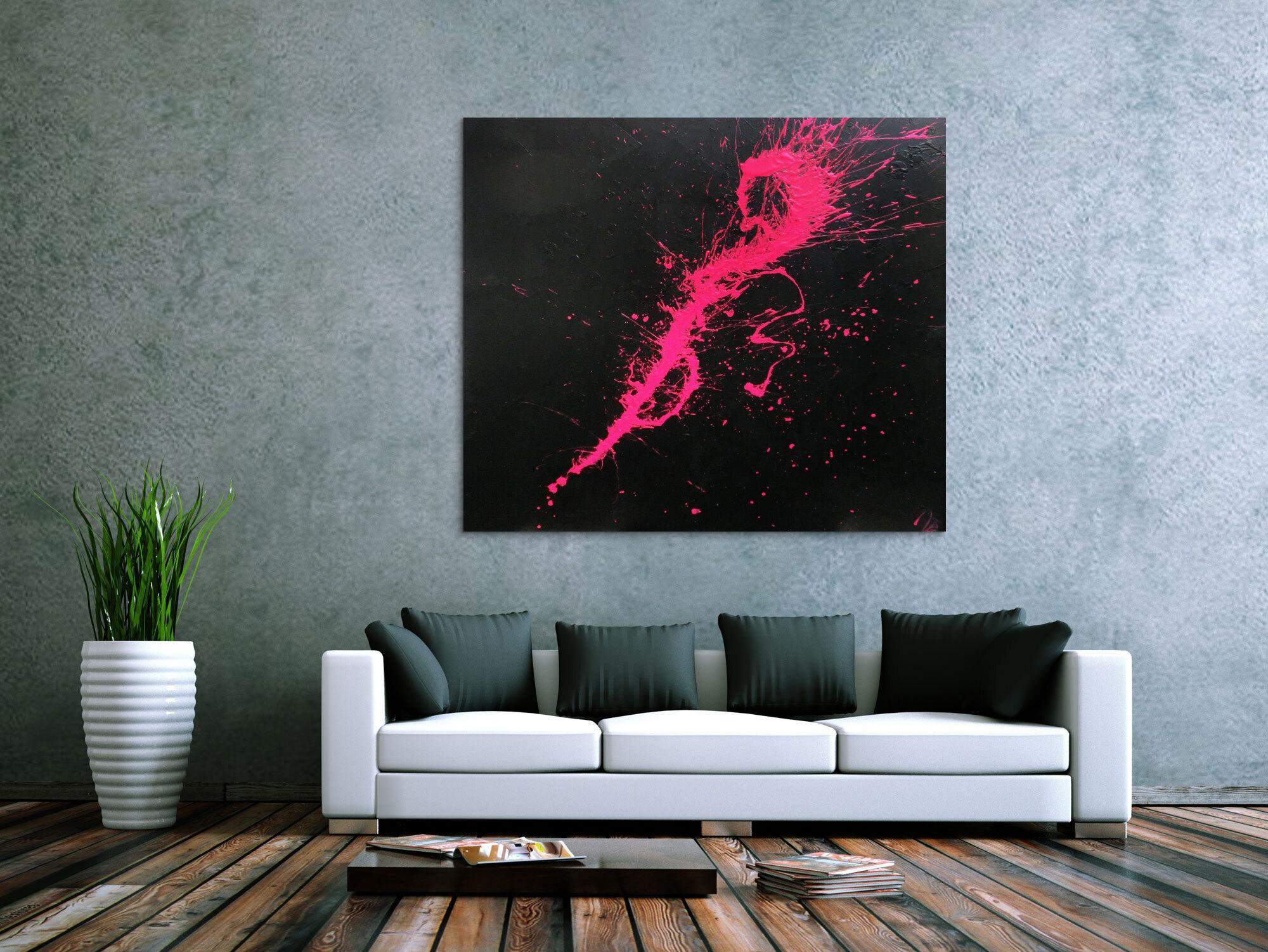 Abstraktes Acrylbild Minimalistisch sehr modern schwarz und pink Action Painting Splash Art