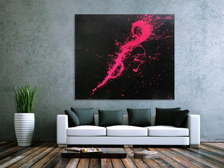 Abstraktes Acrylbild Minimalistisch sehr modern schwarz und pink Action Painting Splash Art