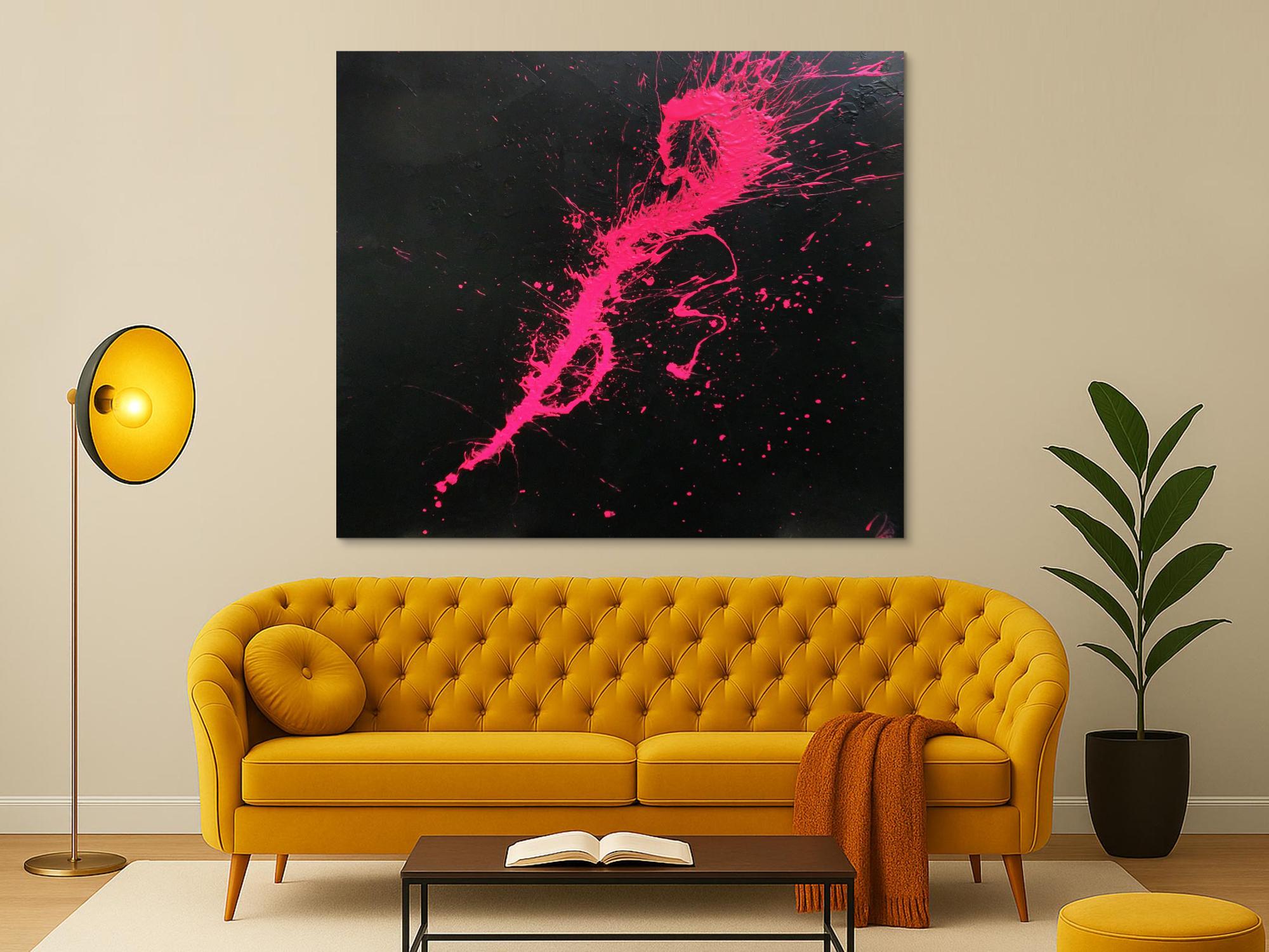 Abstraktes Acrylbild Minimalistisch sehr modern schwarz und pink Action Painting Splash Art
