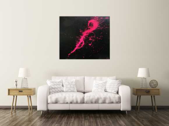 Abstraktes Acrylbild Minimalistisch sehr modern schwarz und pink Action Painting Splash Art