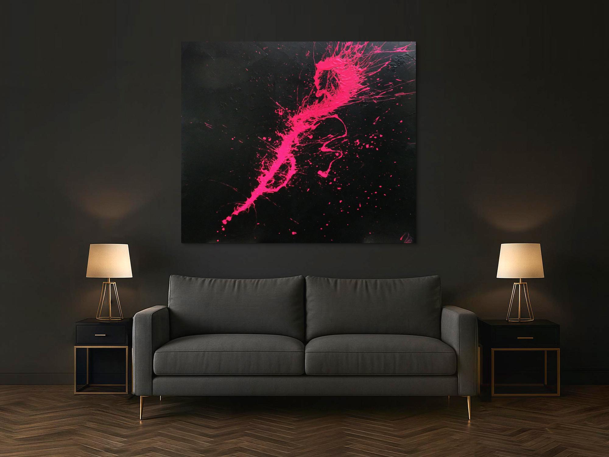 Abstraktes Acrylbild Minimalistisch sehr modern schwarz und pink Action Painting Splash Art