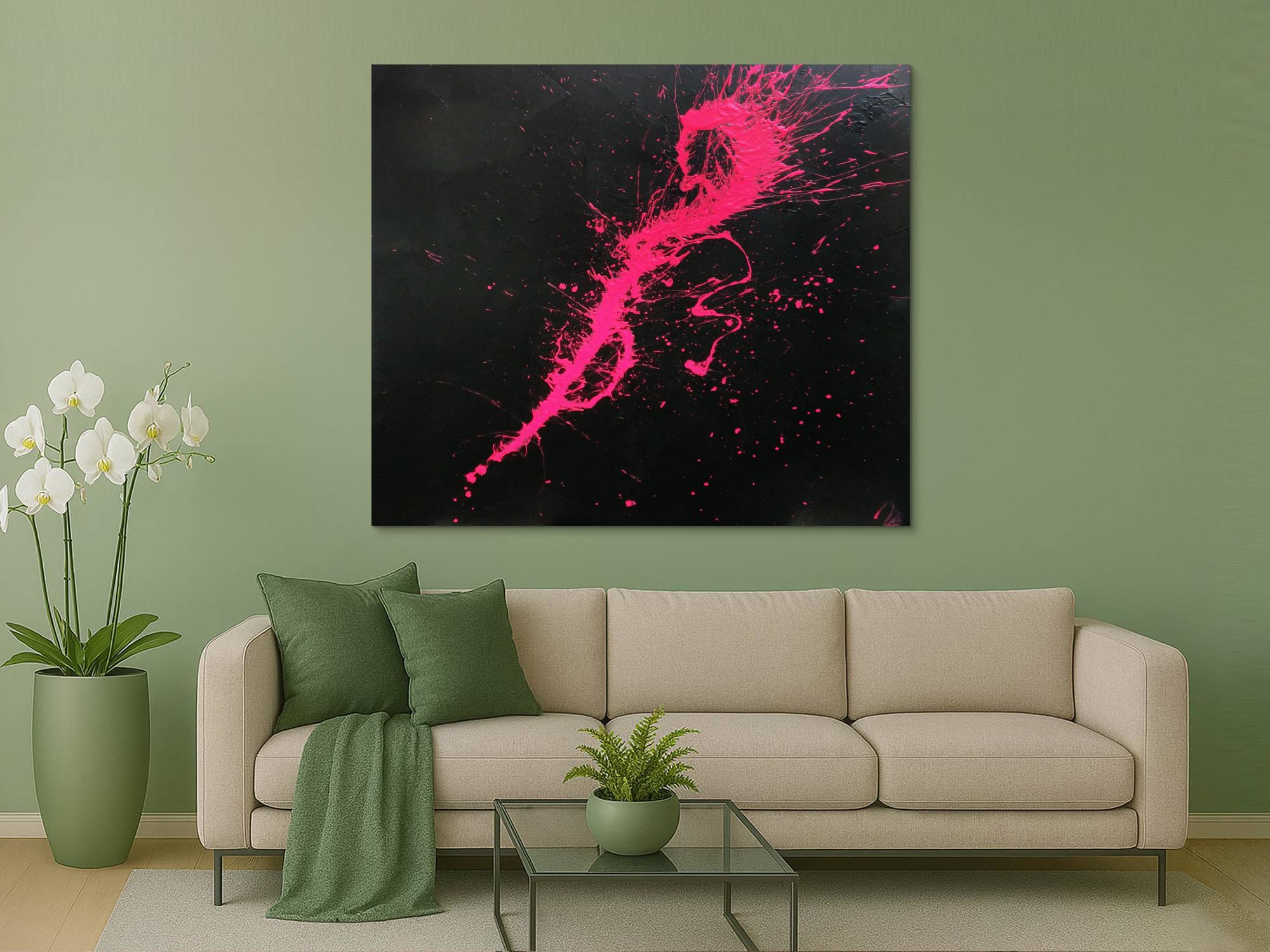 Abstraktes Acrylbild Minimalistisch sehr modern schwarz und pink Action Painting Splash Art