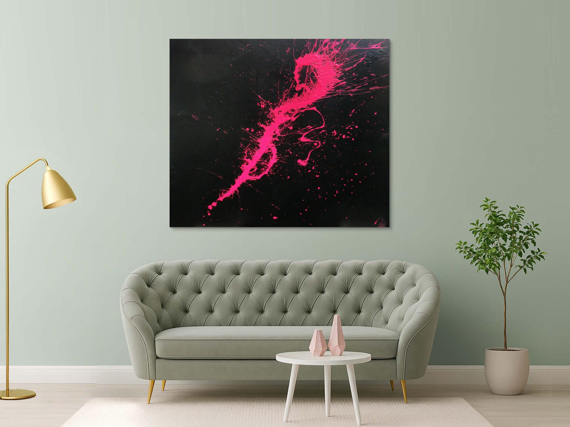 Abstraktes Acrylbild Minimalistisch sehr modern schwarz und pink Action Painting Splash Art