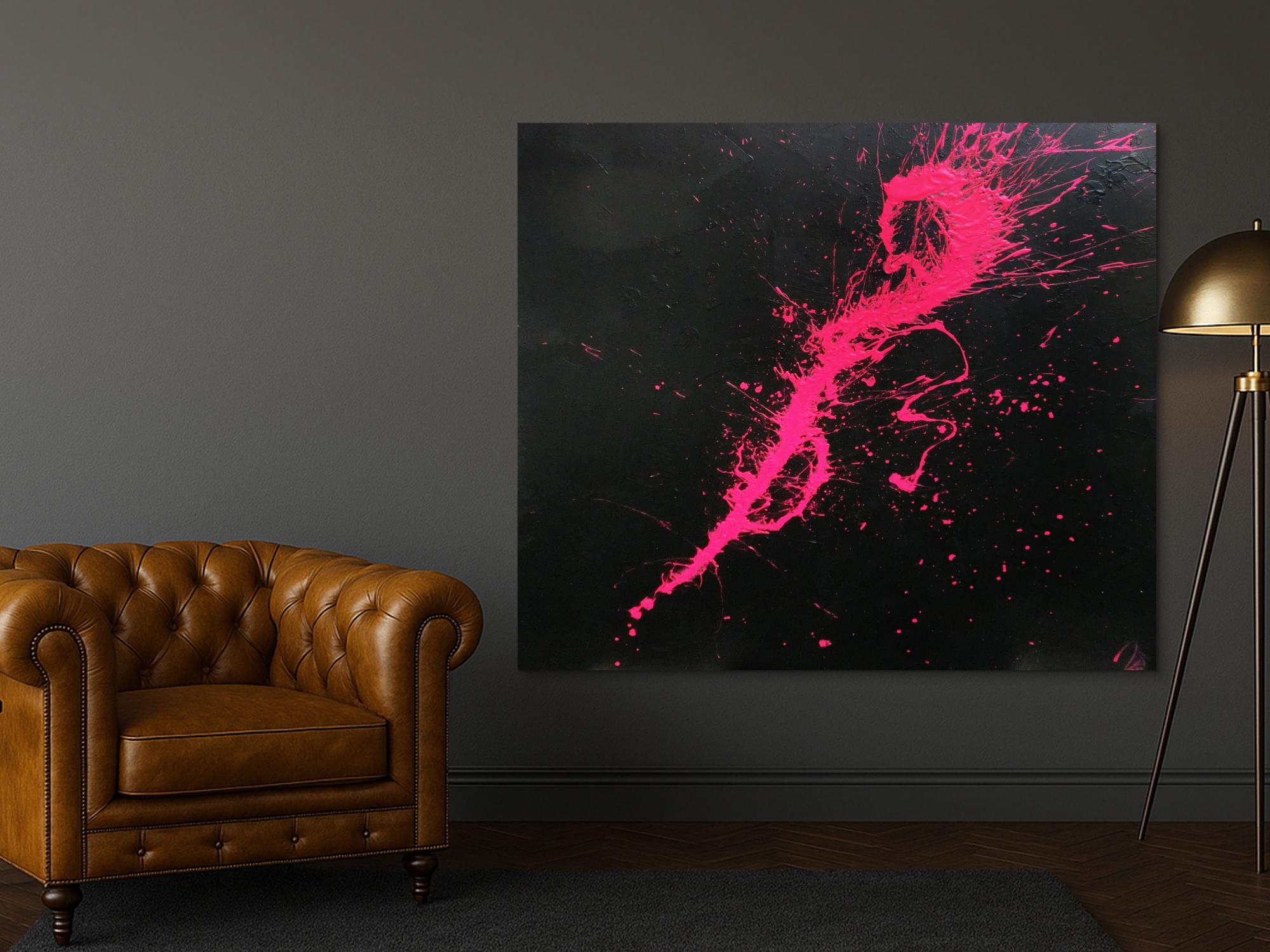 Abstraktes Acrylbild Minimalistisch sehr modern schwarz und pink Action Painting Splash Art