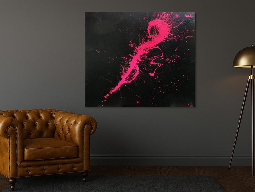 Abstraktes Acrylbild Minimalistisch sehr modern schwarz und pink Action Painting Splash Art