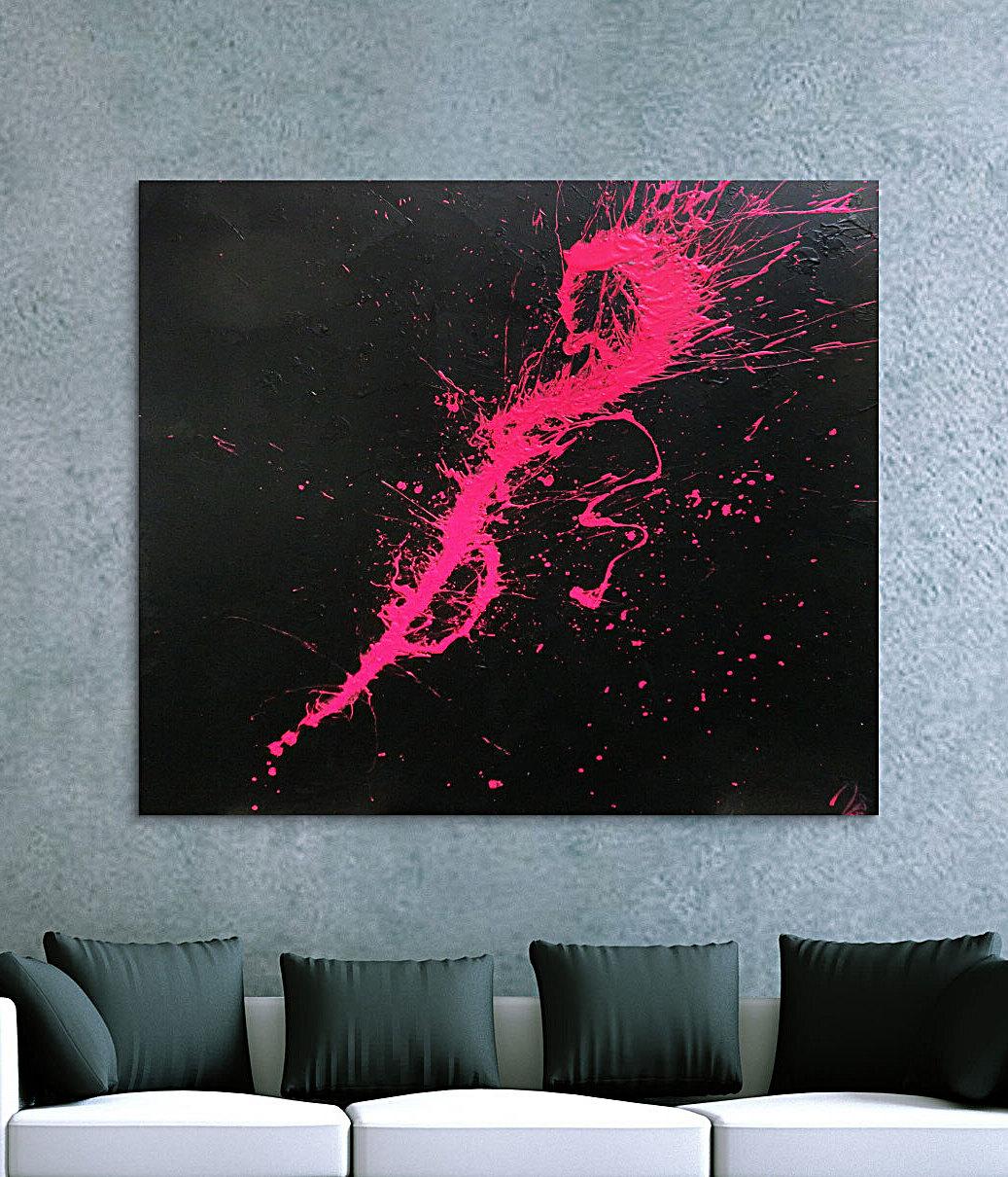 Abstraktes Acrylbild Minimalistisch sehr modern schwarz und pink Action Painting Splash Art