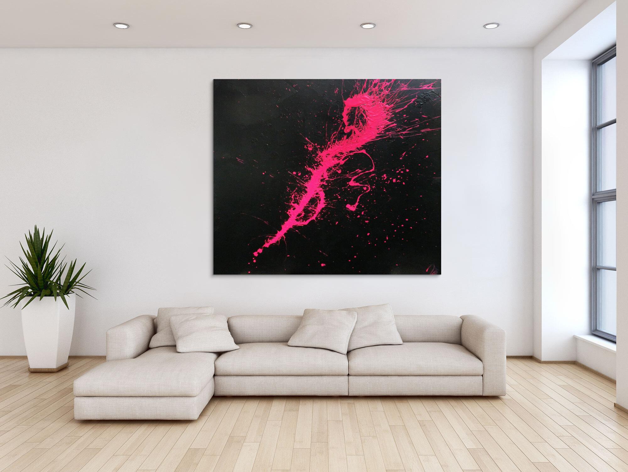 Abstraktes Acrylbild Minimalistisch sehr modern schwarz und pink Action Painting Splash Art