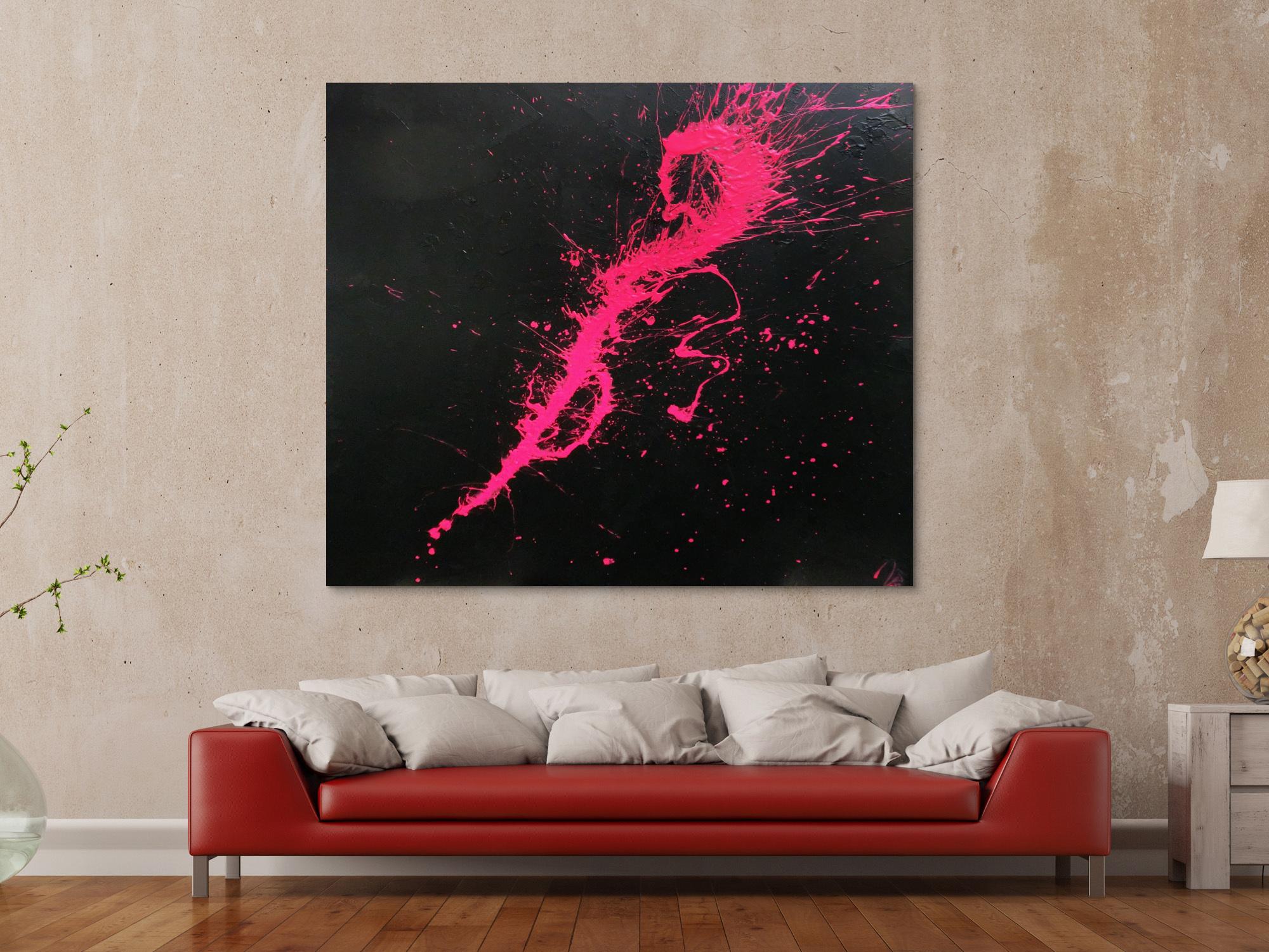 Abstraktes Acrylbild Minimalistisch sehr modern schwarz und pink Action Painting Splash Art
