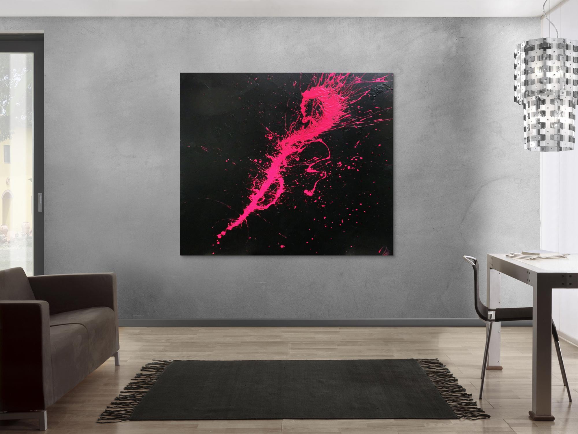 Abstraktes Acrylbild Minimalistisch sehr modern schwarz und pink Action Painting Splash Art