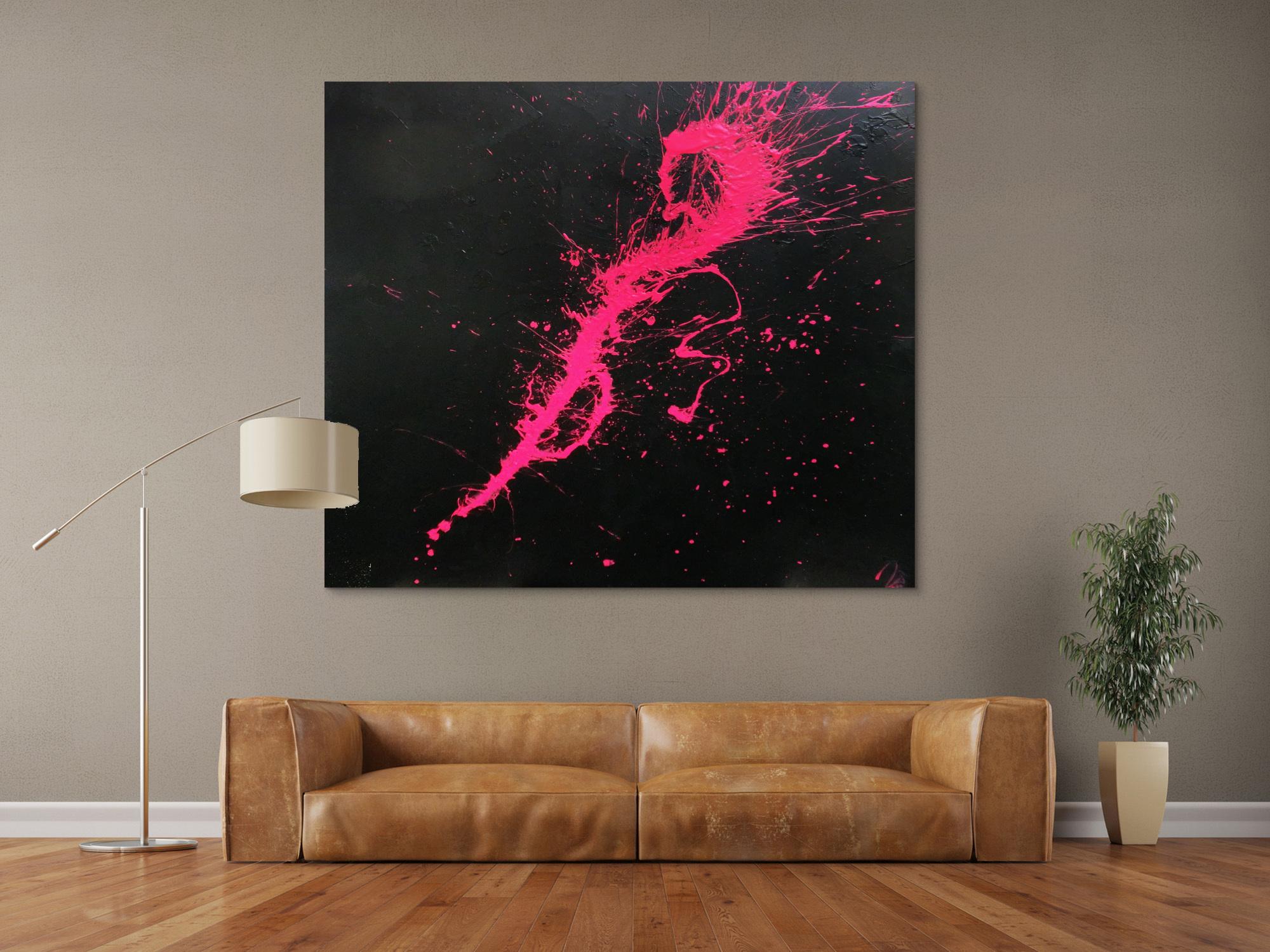 Abstraktes Acrylbild Minimalistisch sehr modern schwarz und pink Action Painting Splash Art