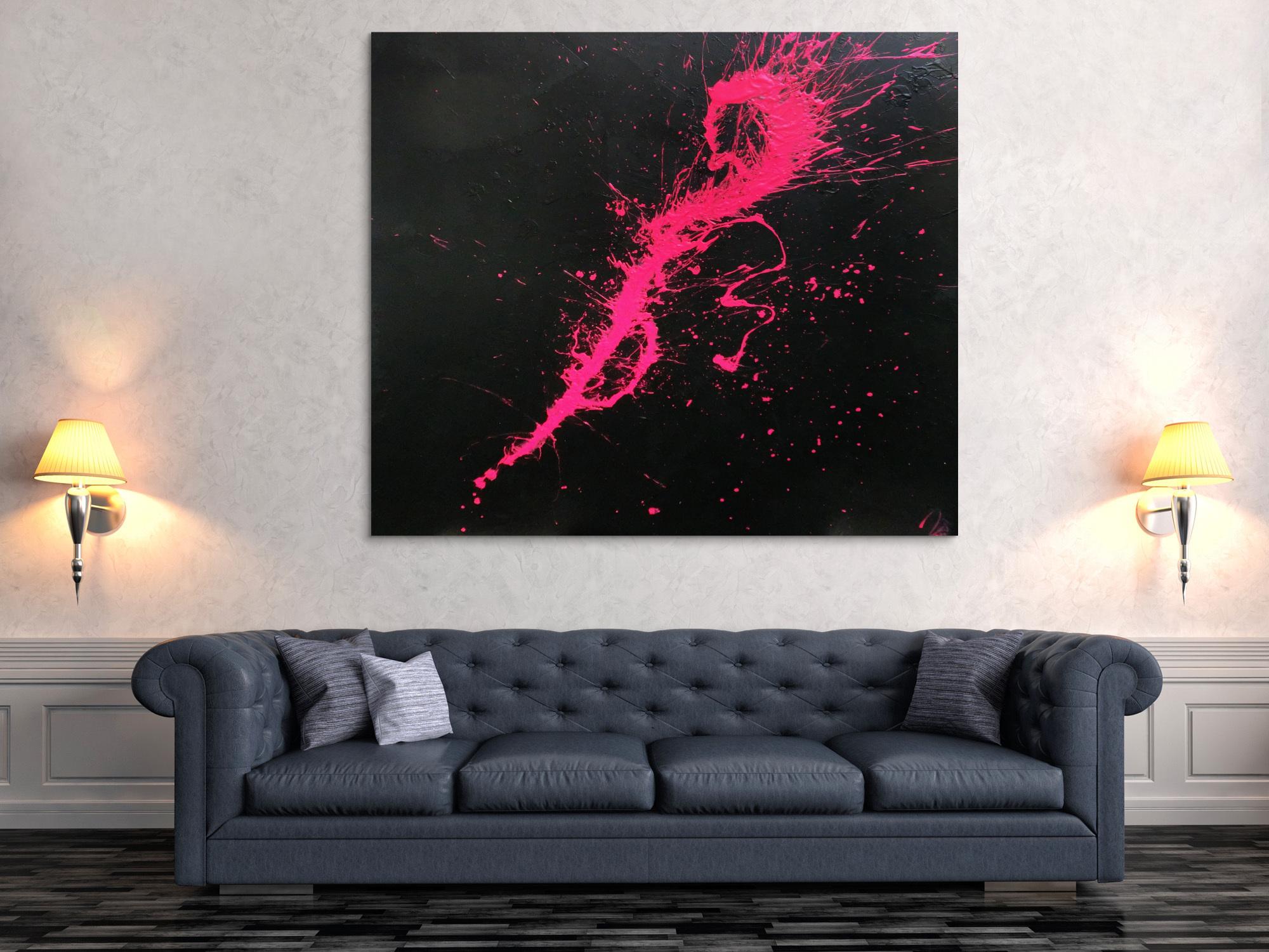 Abstraktes Acrylbild Minimalistisch sehr modern schwarz und pink Action Painting Splash Art