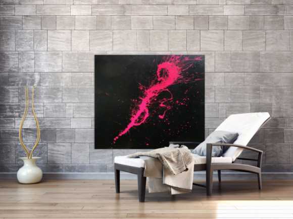 Abstraktes Acrylbild Minimalistisch sehr modern schwarz und pink Action Painting Splash Art