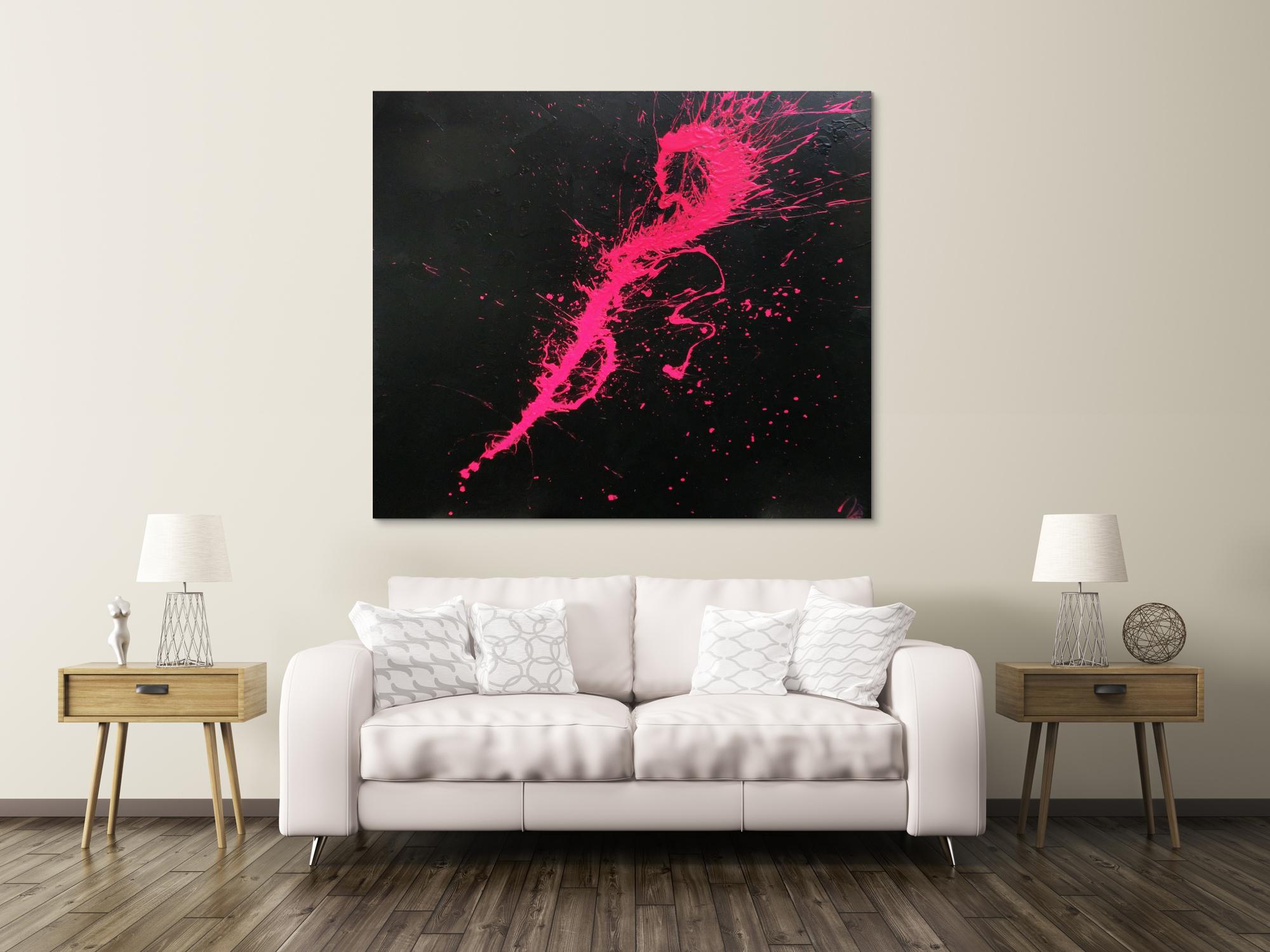 Abstraktes Acrylbild Minimalistisch sehr modern schwarz und pink Action Painting Splash Art