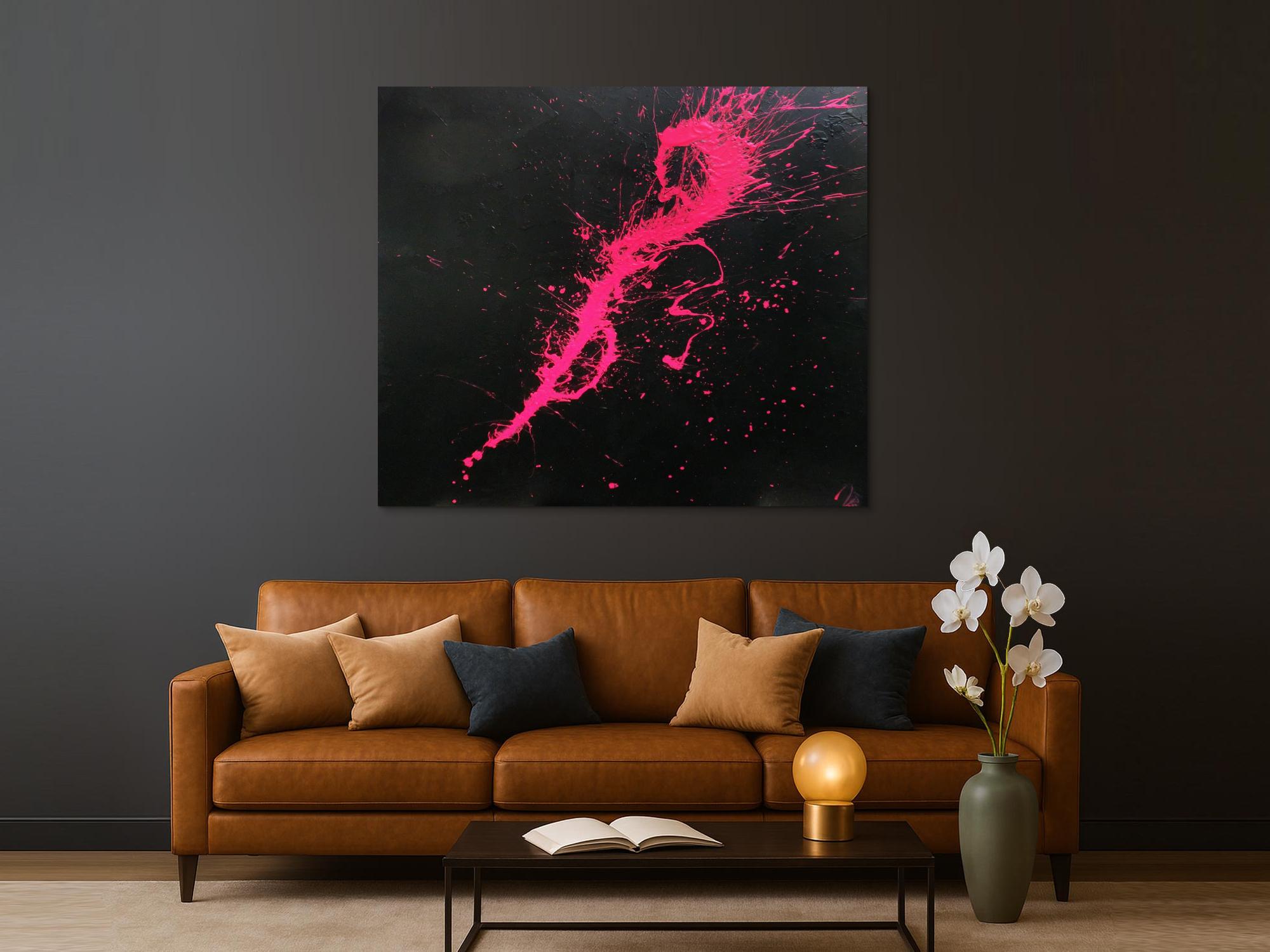 Abstraktes Acrylbild Minimalistisch sehr modern schwarz und pink Action Painting Splash Art