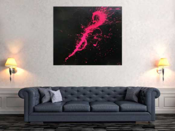 Abstraktes Acrylbild Minimalistisch sehr modern schwarz und pink Action Painting Splash Art