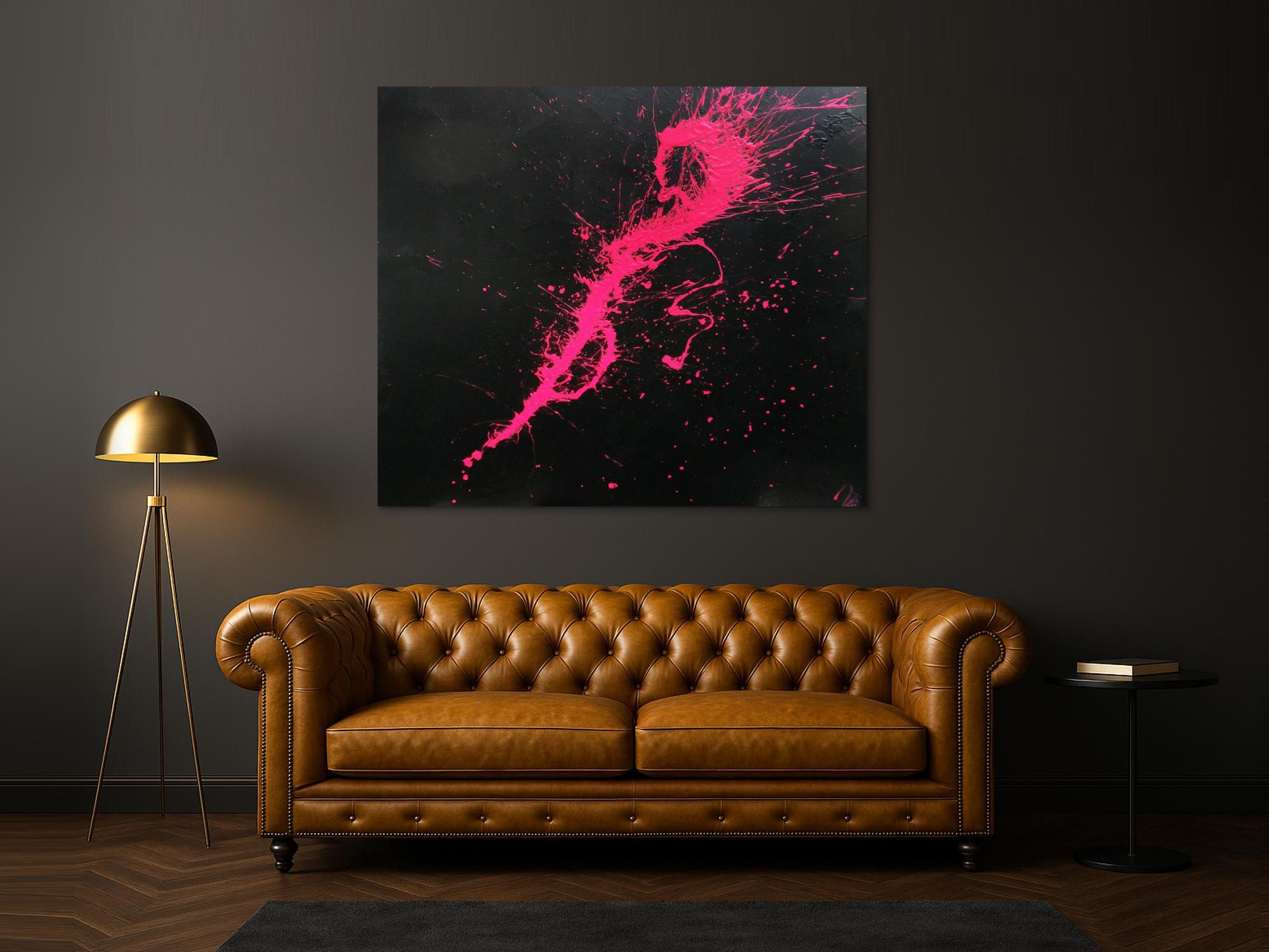 Abstraktes Acrylbild Minimalistisch sehr modern schwarz und pink Action Painting Splash Art