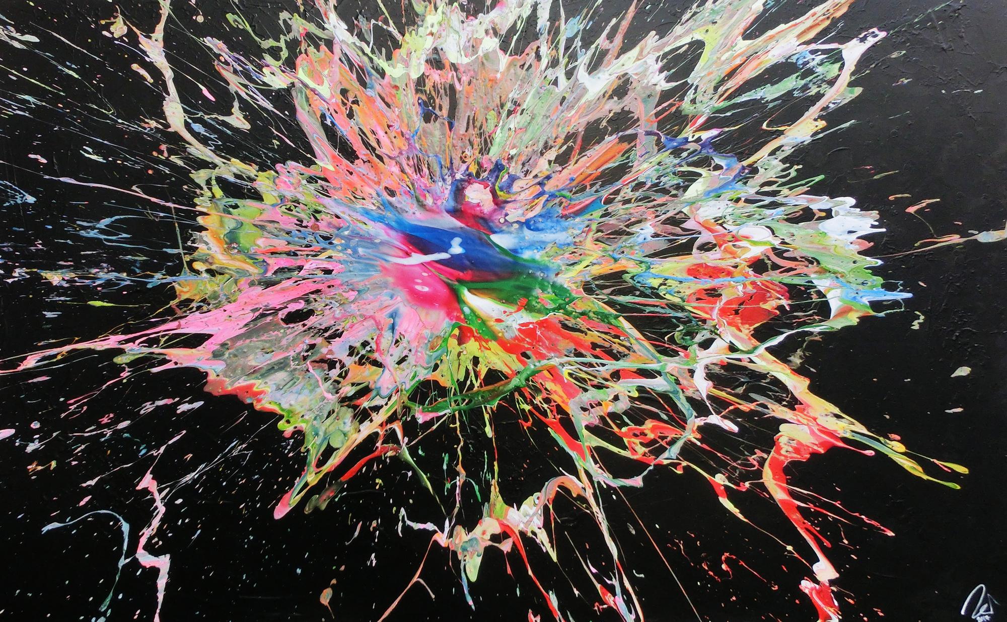 Abstraktes Acrylbild sehr bunt modern Action Painting Splash Art viele Farben bunter Fleck