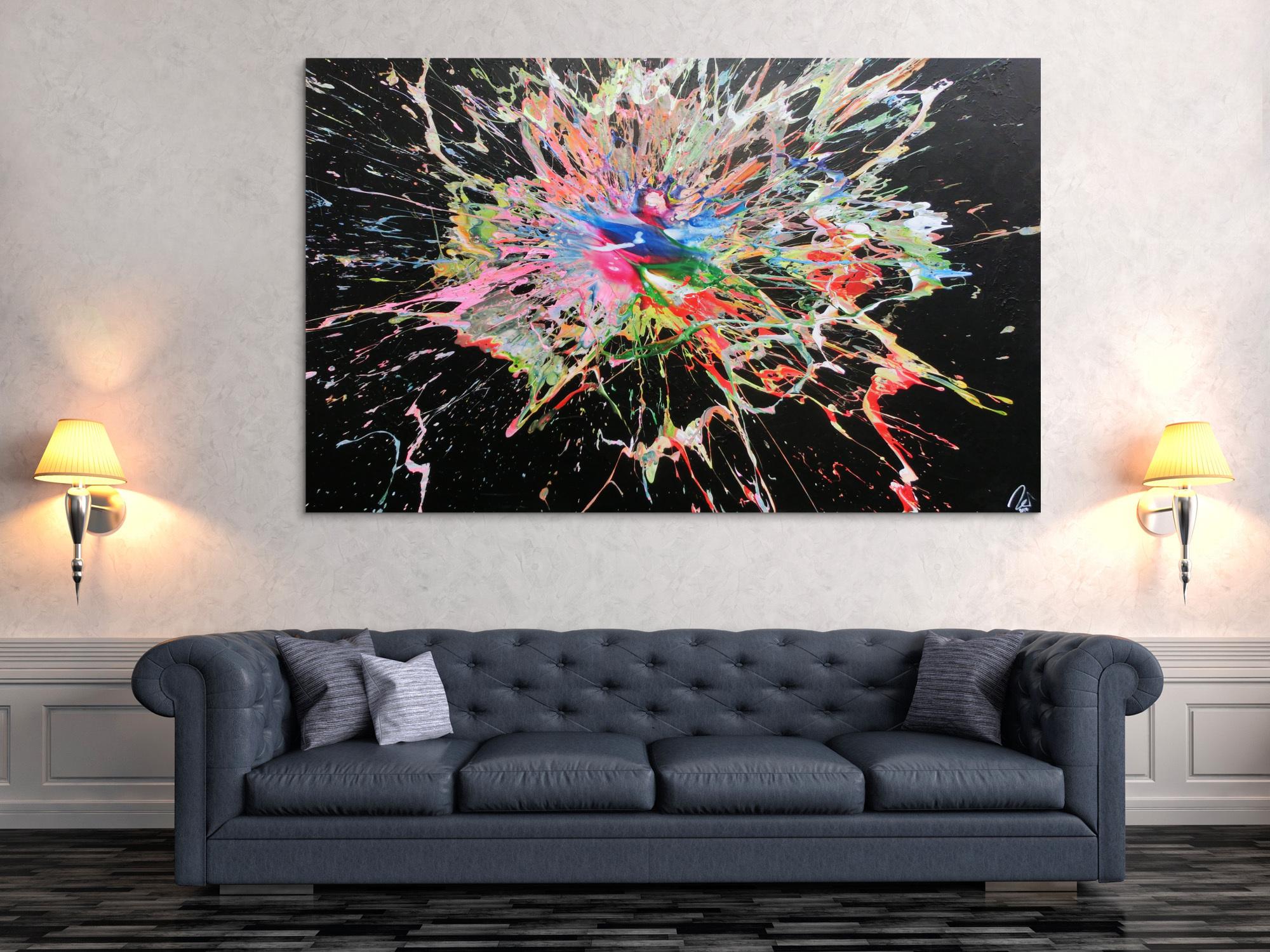 Abstraktes Acrylbild sehr bunt modern Action Painting Splash Art viele Farben bunter Fleck