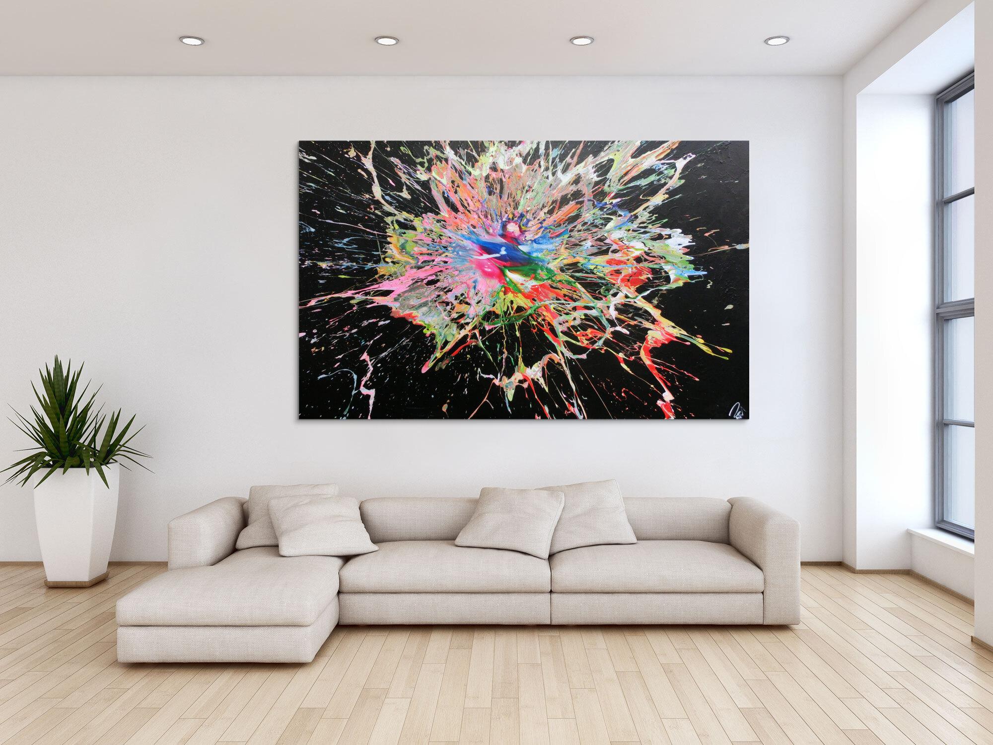 Abstraktes Acrylbild sehr bunt modern Action Painting Splash Art viele Farben bunter Fleck