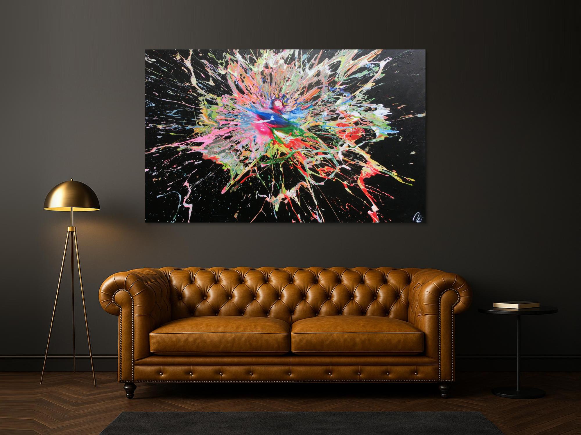 Abstraktes Acrylbild sehr bunt modern Action Painting Splash Art viele Farben bunter Fleck