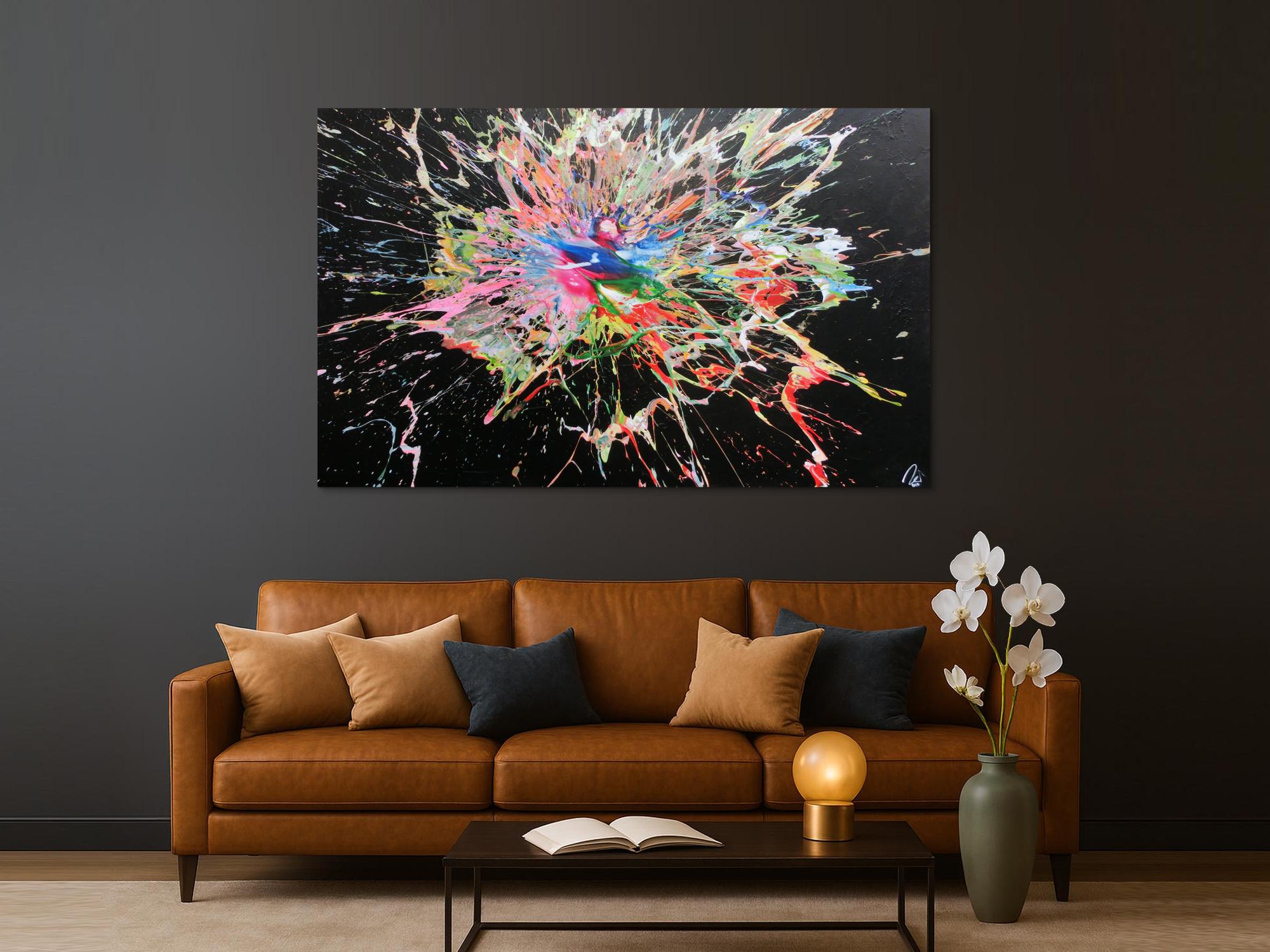 Abstraktes Acrylbild sehr bunt modern Action Painting Splash Art viele Farben bunter Fleck