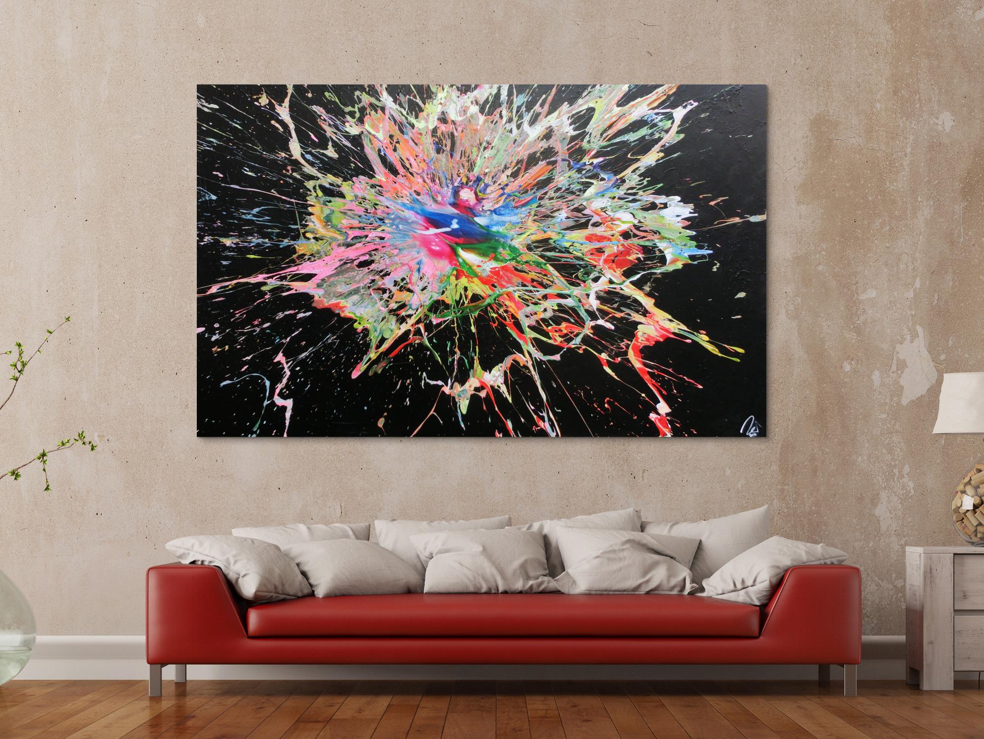 Abstraktes Acrylbild sehr bunt modern Action Painting Splash Art viele Farben bunter Fleck