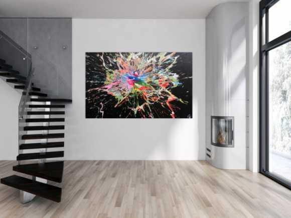 Abstraktes Acrylbild sehr bunt modern Action Painting Splash Art viele Farben bunter Fleck