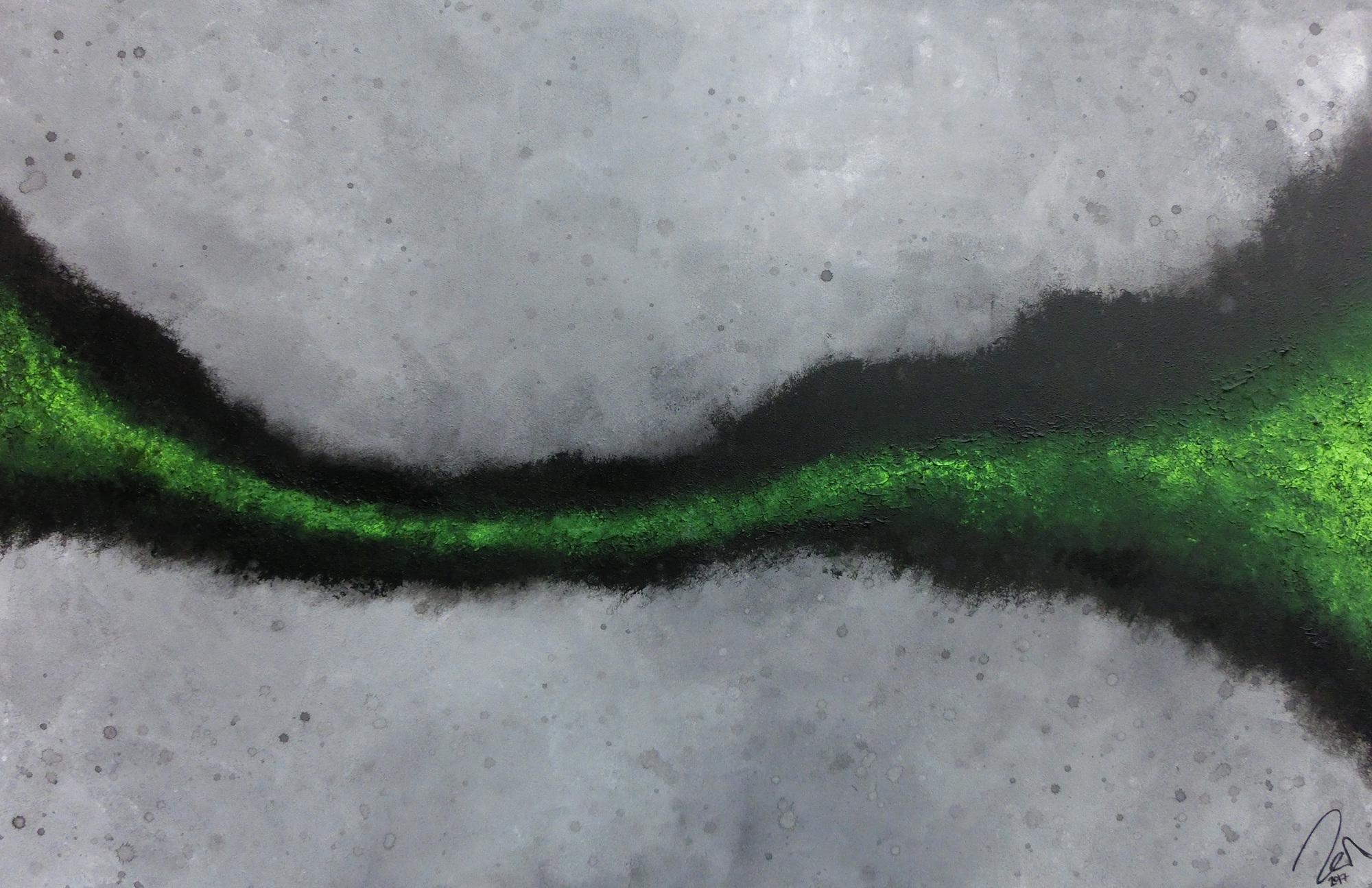 Abstraktes Acrylbild sehr modern grauer Hintergrund mit grünem Streifen