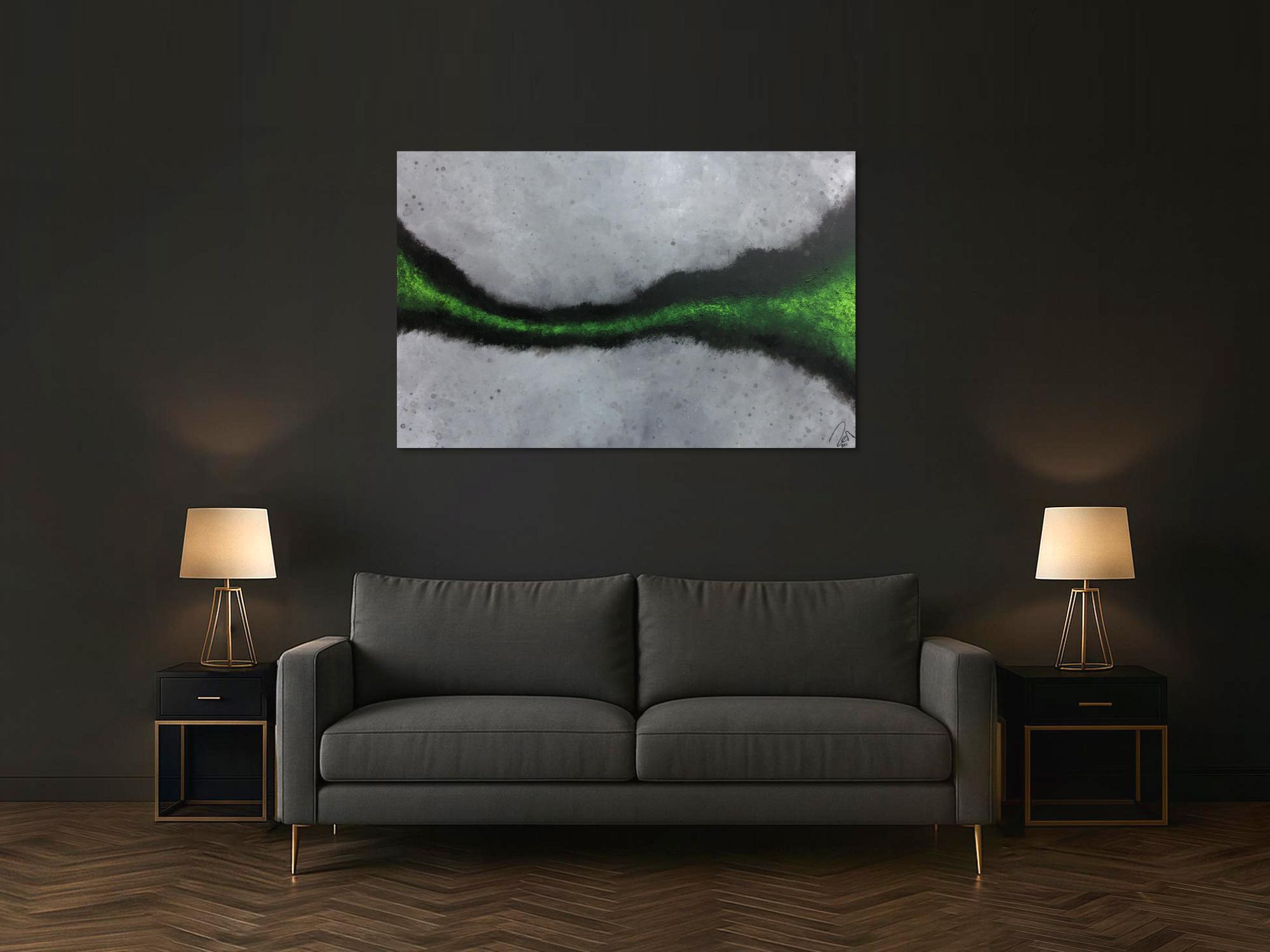 Abstraktes Acrylbild sehr modern grauer Hintergrund mit grünem Streifen