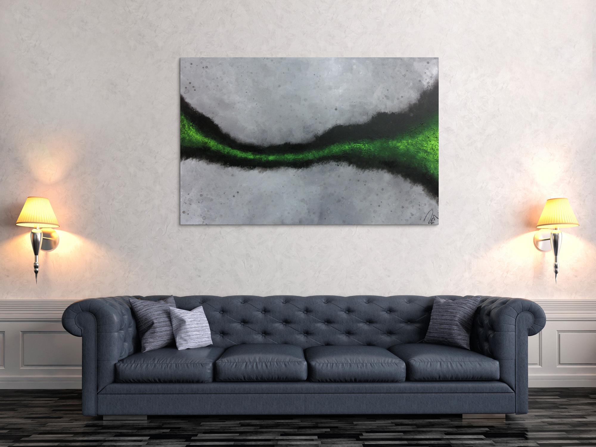 Abstraktes Acrylbild sehr modern grauer Hintergrund mit grünem Streifen