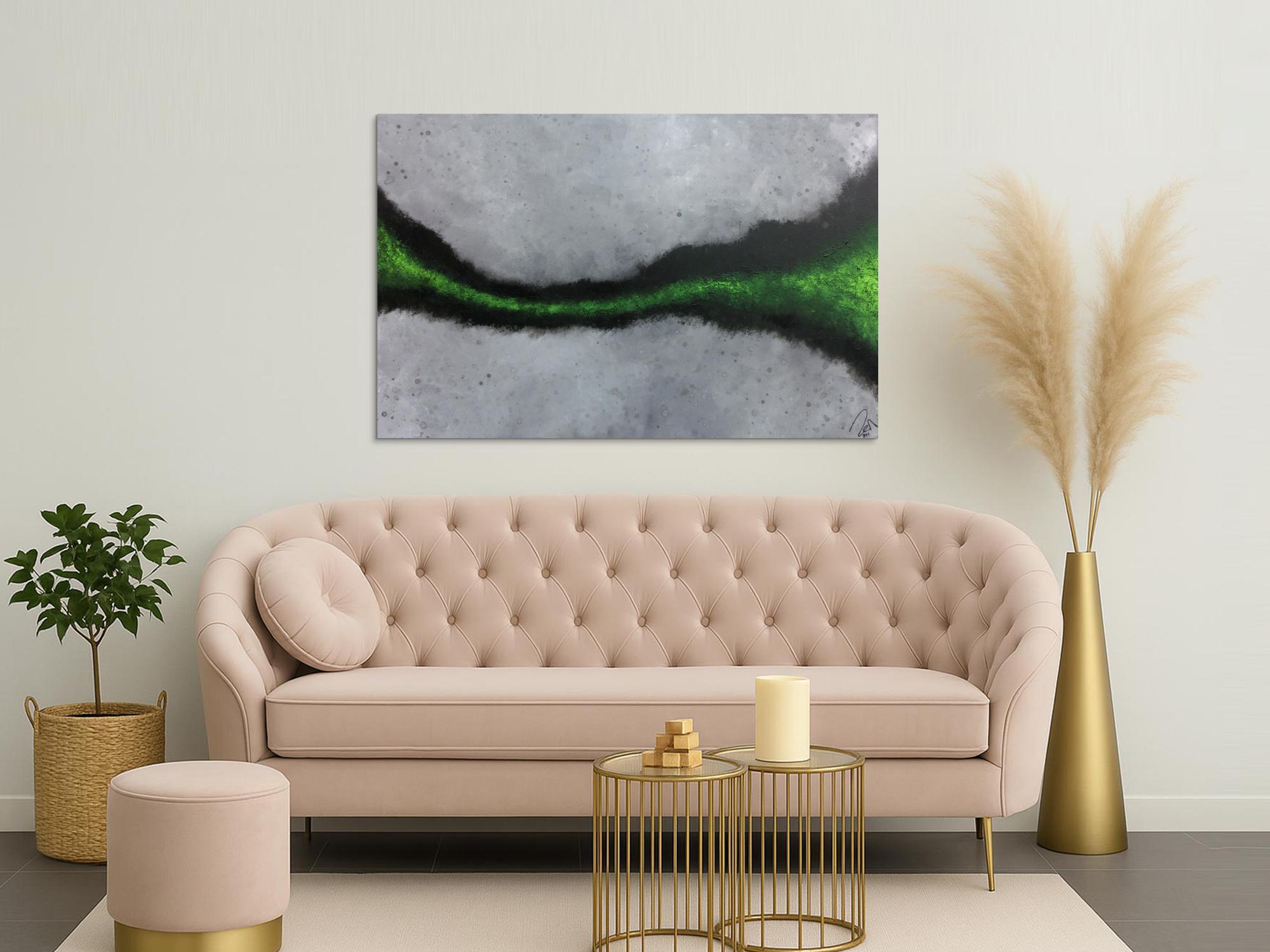 Abstraktes Acrylbild sehr modern grauer Hintergrund mit grünem Streifen