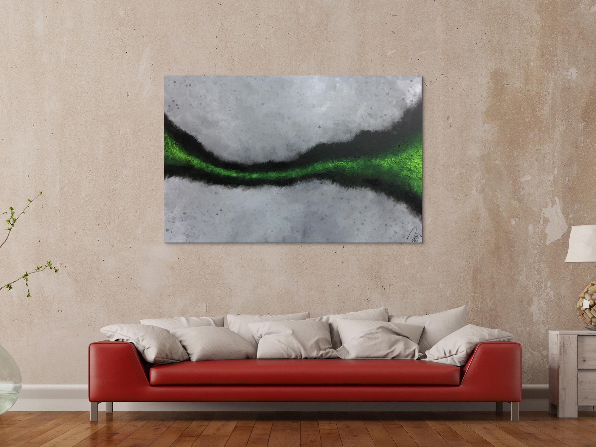 Abstraktes Acrylbild sehr modern grauer Hintergrund mit grünem Streifen