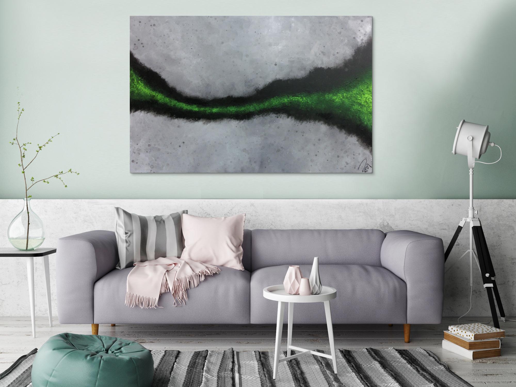 Abstraktes Acrylbild sehr modern grauer Hintergrund mit grünem Streifen