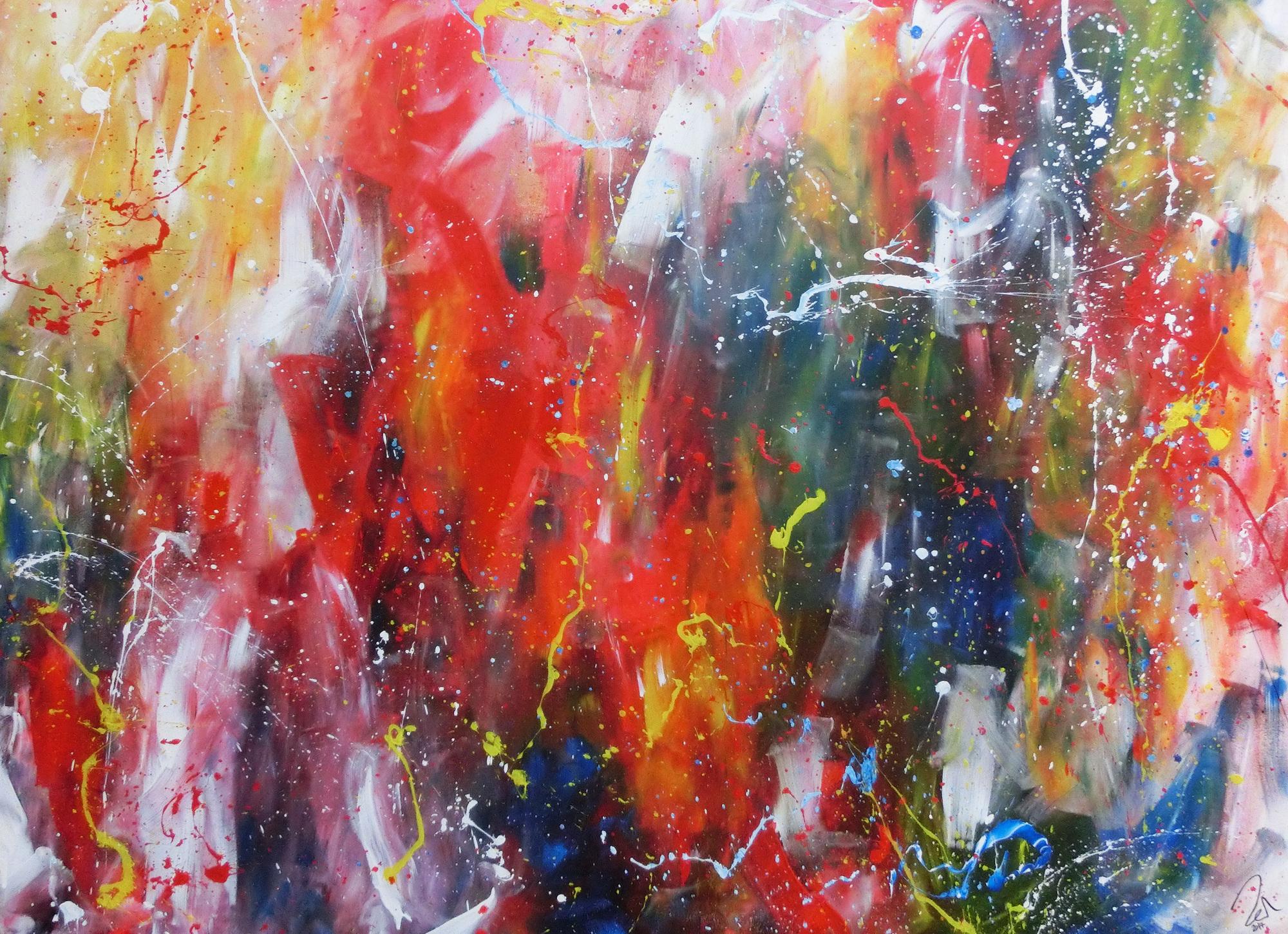 Abstraktes Acrylbild sehr bunt Mischtechnik modern Action Painting 