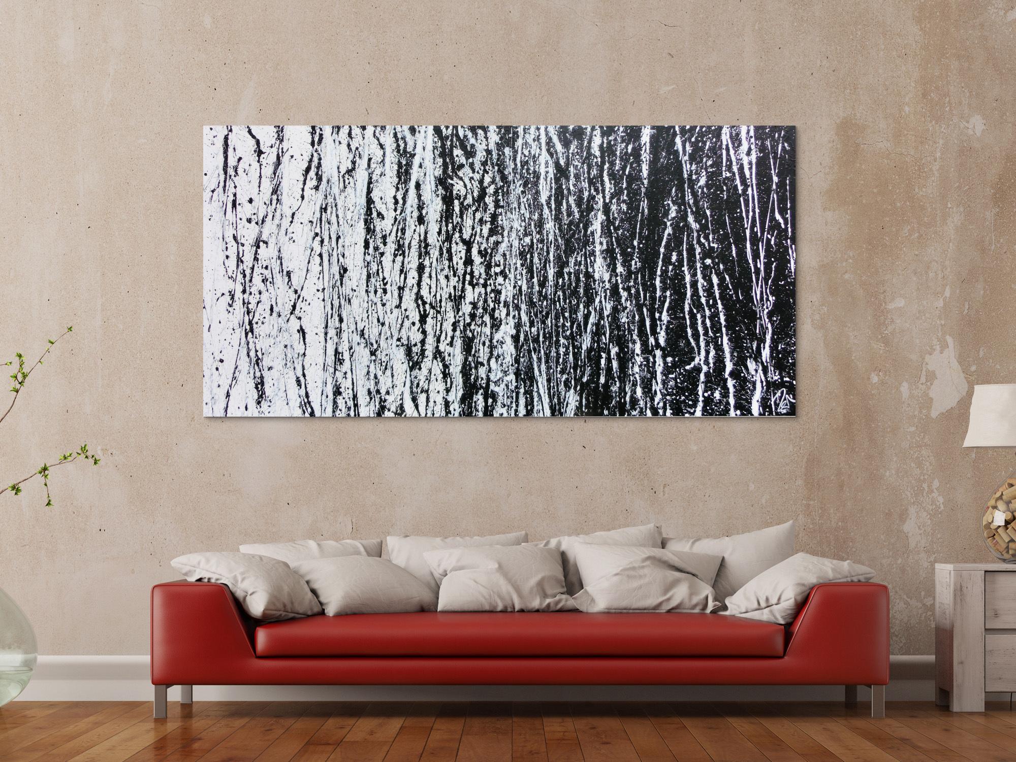 Abstraktes Acrylbild schwarz weiß sehr modern schlicht Action Painting modern art